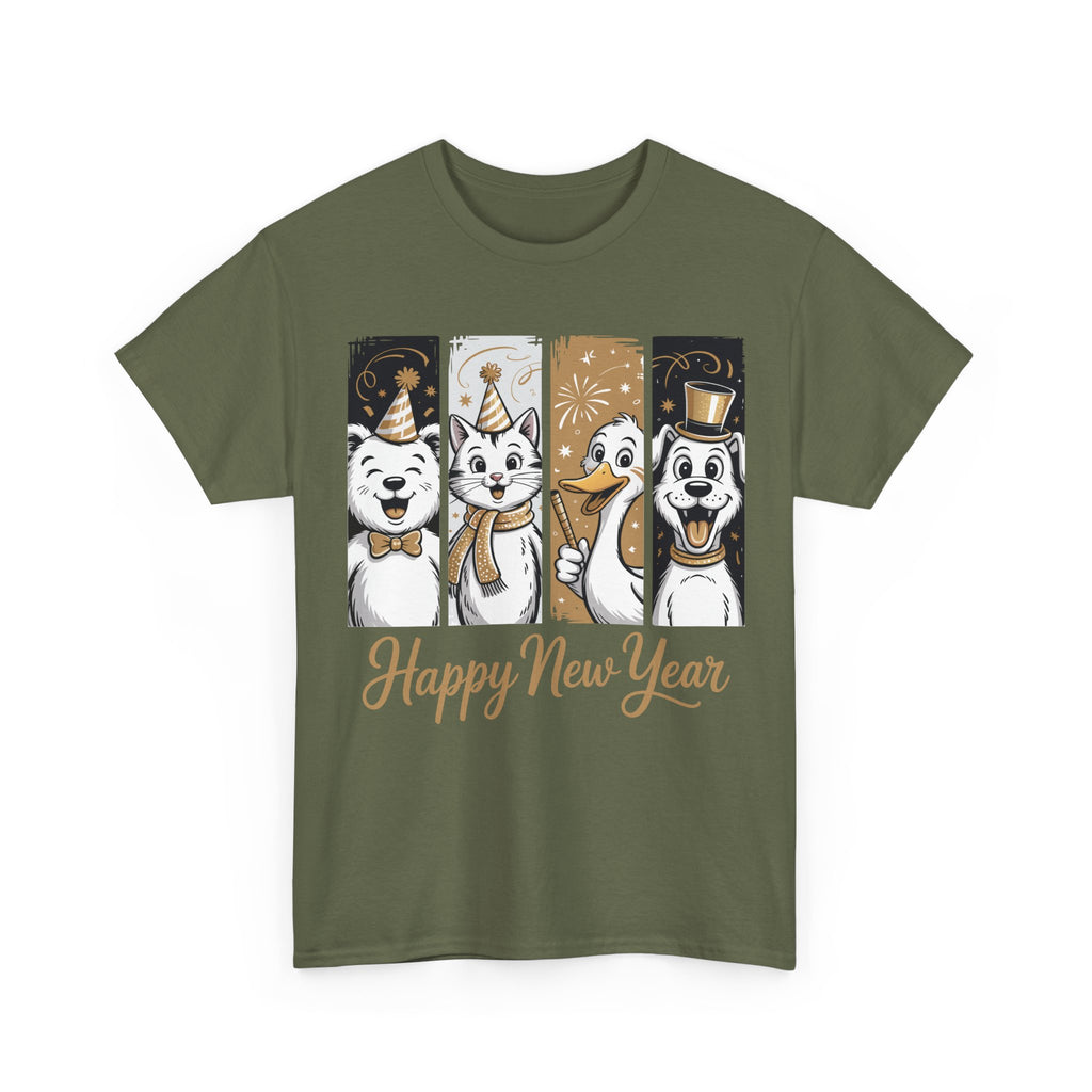 Happy New Year Party Animals T-Shirt — Cute Smiling Animals in Party Hats & Gold Fireworks..Unisex Cotton Tee