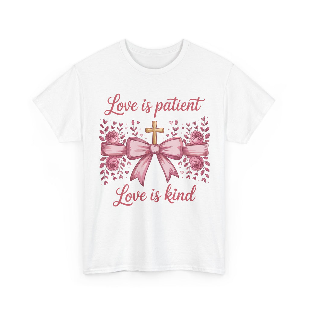 Christian Floral Tee — "Love is Patient, Love is Kind" Pink Rose Cross. Unisex Cotton Tee
