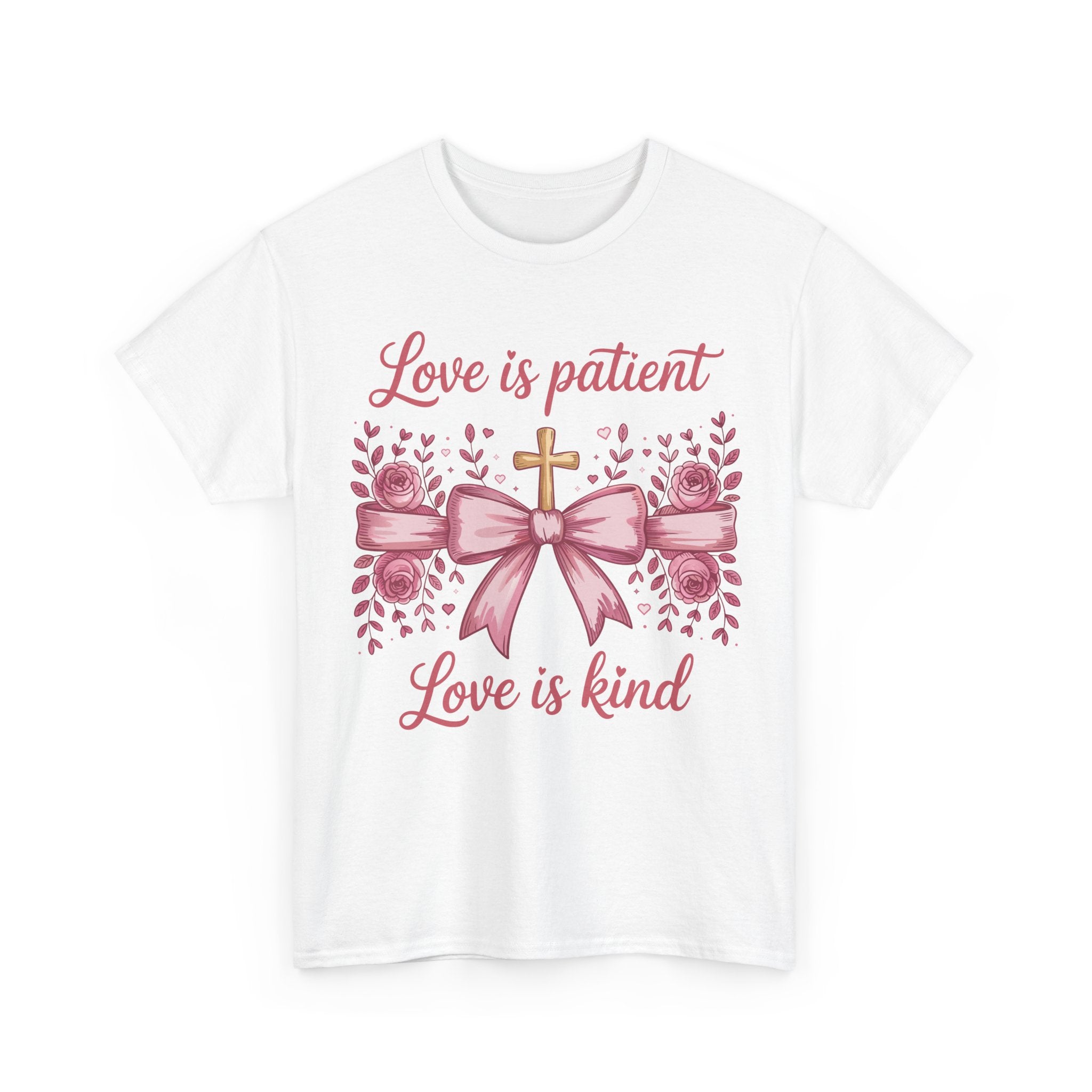 Christian Floral Tee — "Love is Patient, Love is Kind" Pink Rose Cross. Unisex Cotton Tee