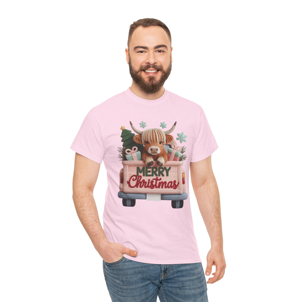 Merry Christmas Highland Cow Knit Truck Unisex Cotton T-Shirt