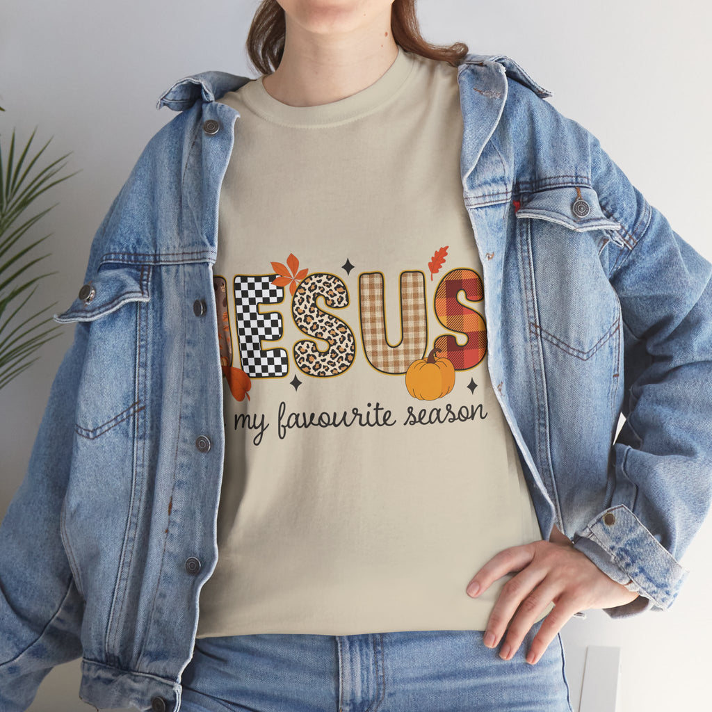 Jesus Is My Favorite Season Tee — Autumn Plaid & Leopard Lettering Unisex Cotton Tee