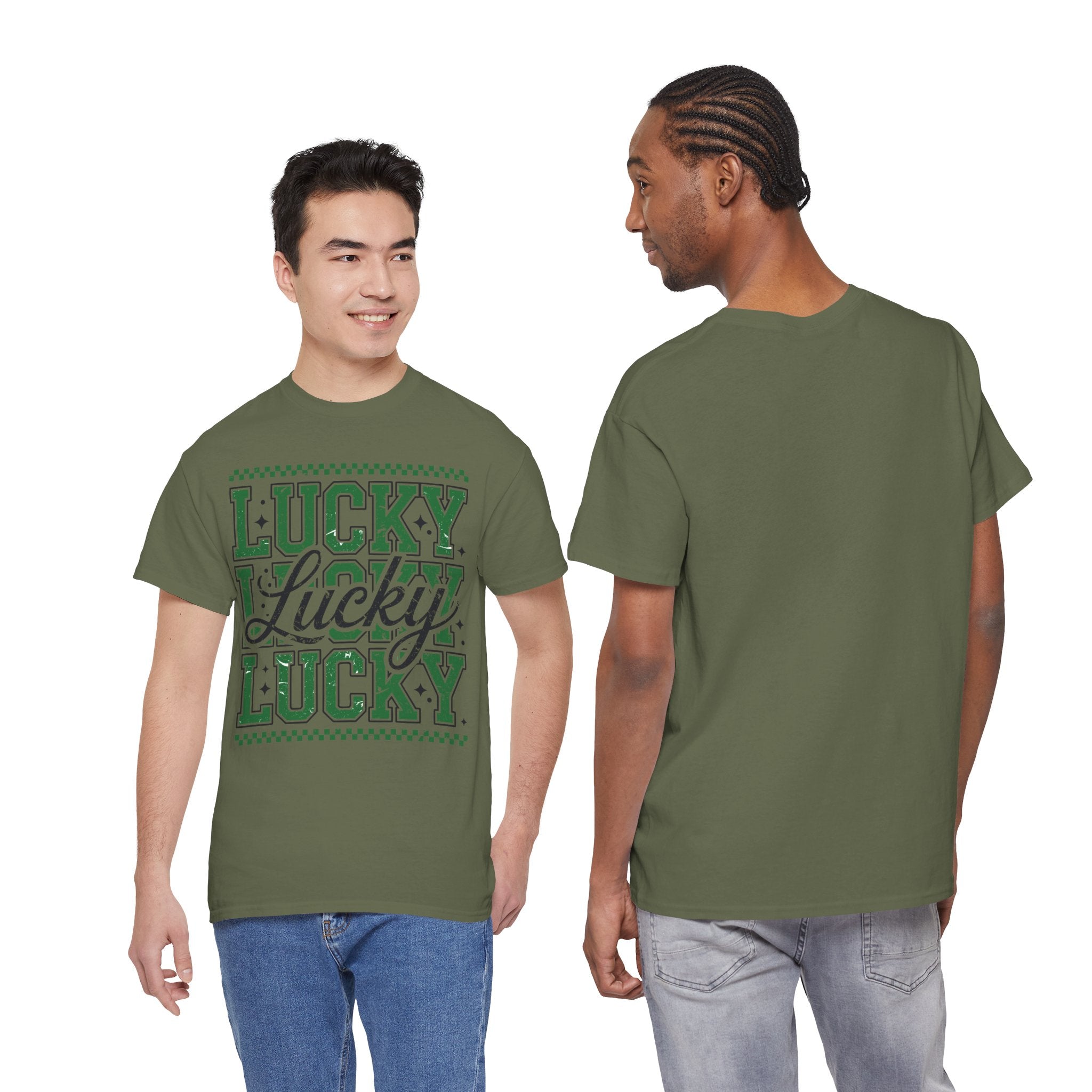 Lucky Varsity Tee — Layered Green ‘Lucky’ Graphic Unisex Cotton Tee
