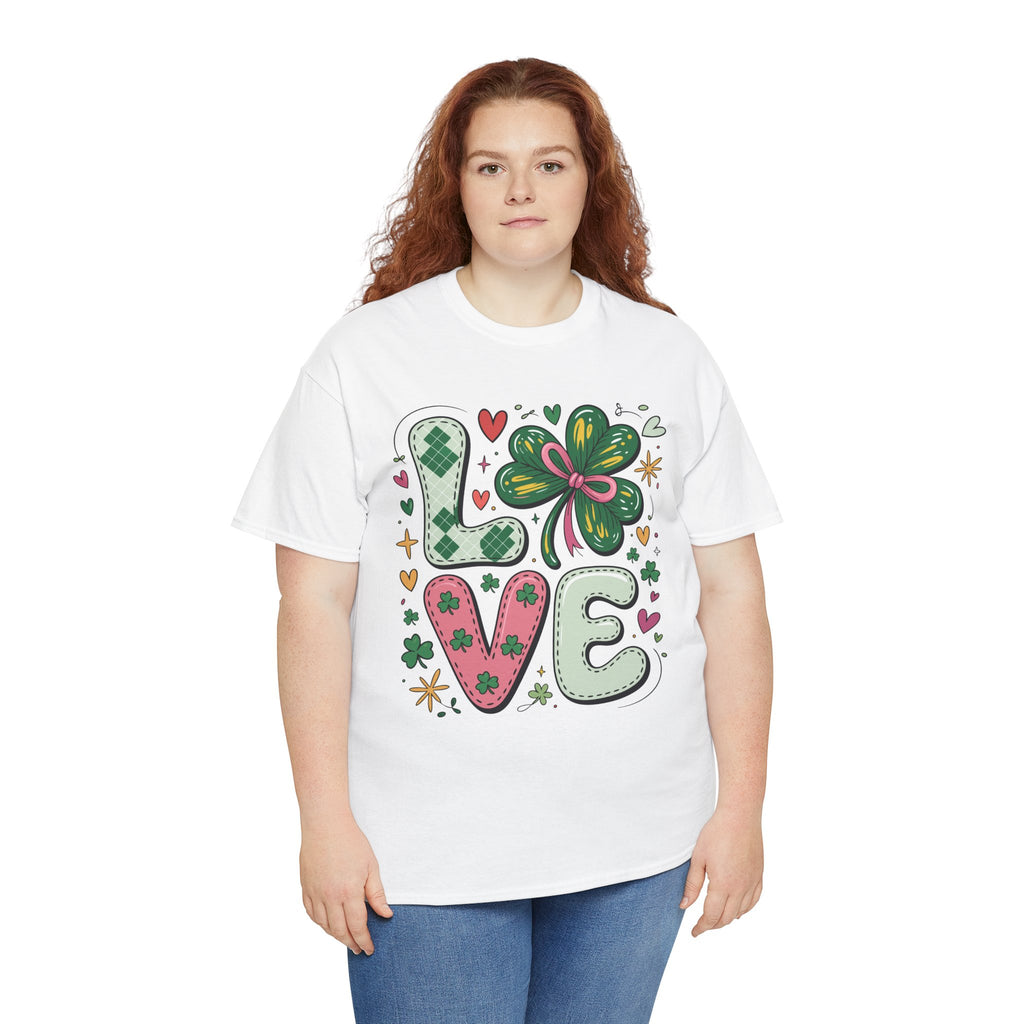 Stitched Clover 'LOVE' Tee — Heart & Patchwork St. Patrick's Unisex Cotton T-Shirt