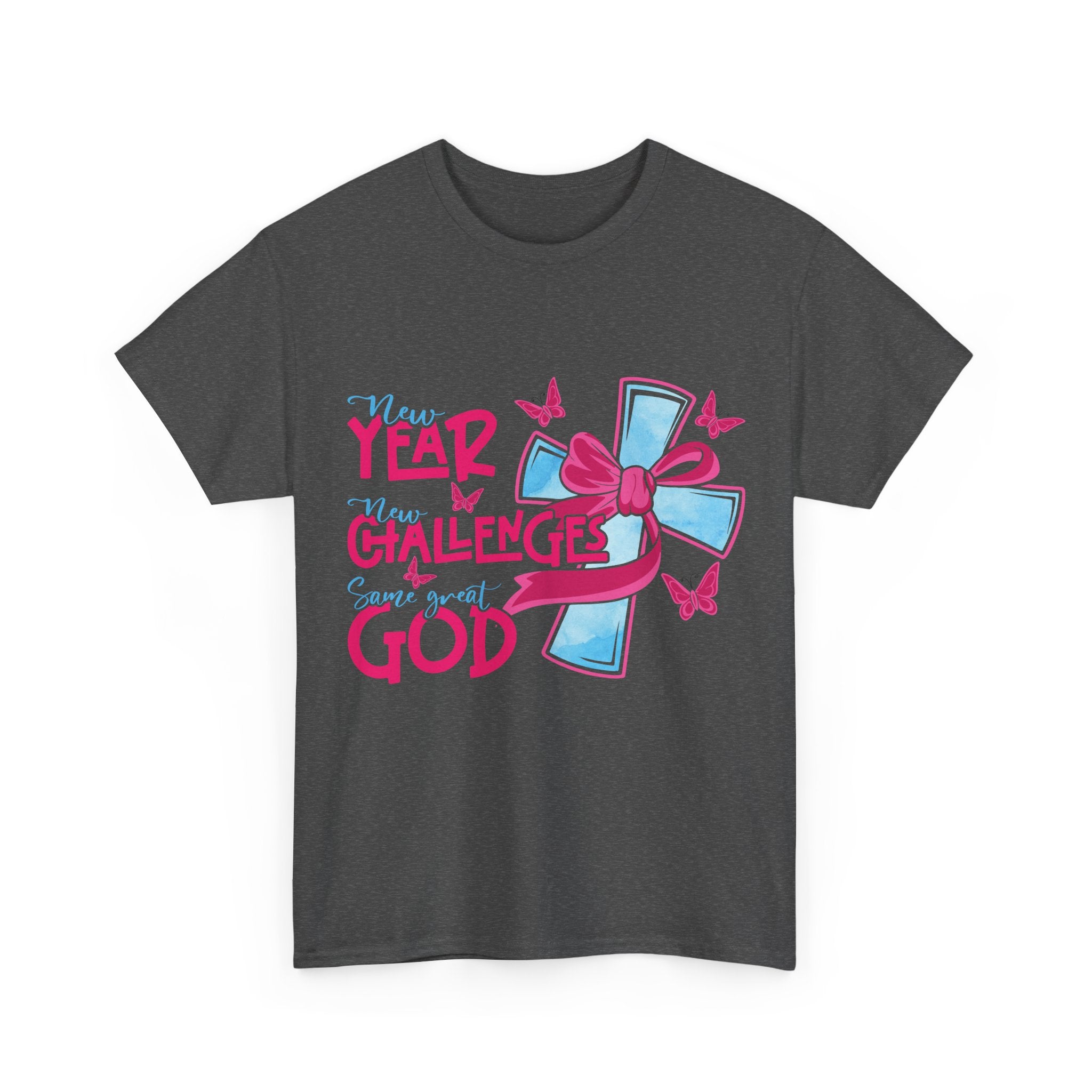 Christian T-Shirt — “New Year, New Challenges, Same Great God” with Pink Bow Cross & Butterflies. Unisex Cotton Tee