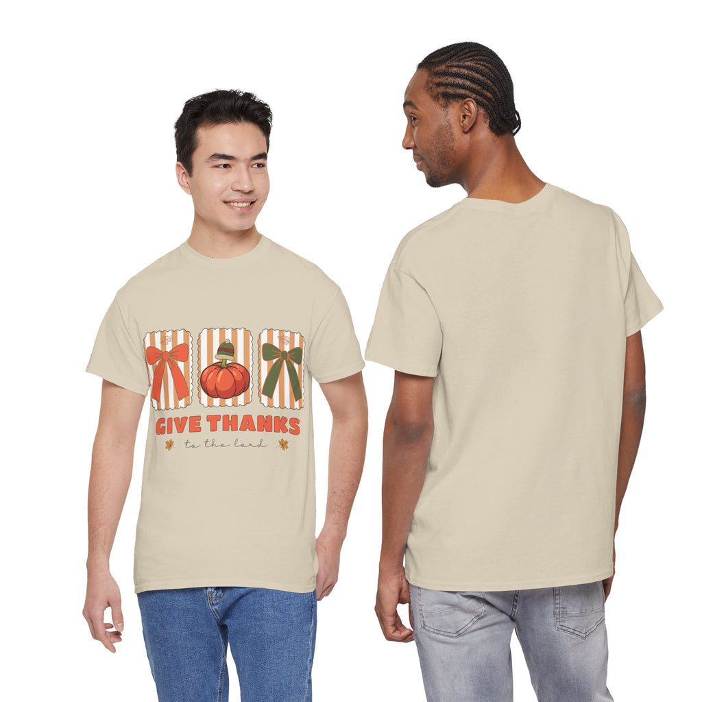 Give Thanks Thanksgiving T-Shirt — Pumpkin with Hat & Bows Unisex Cotton Tee