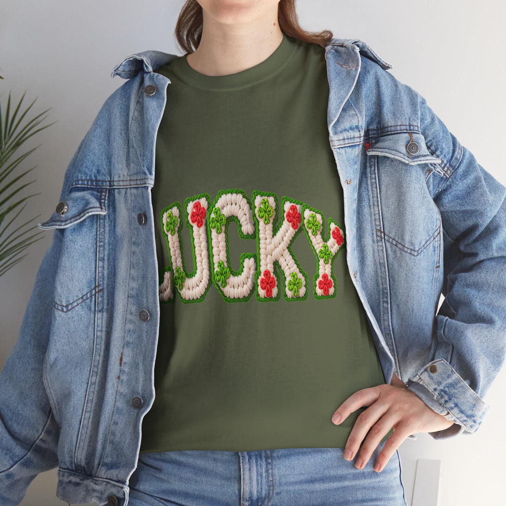 Lucky Crochet Clover T-Shirt — Faux-Yarn Embroidered St. Patrick’s Unisex Cotton Tee