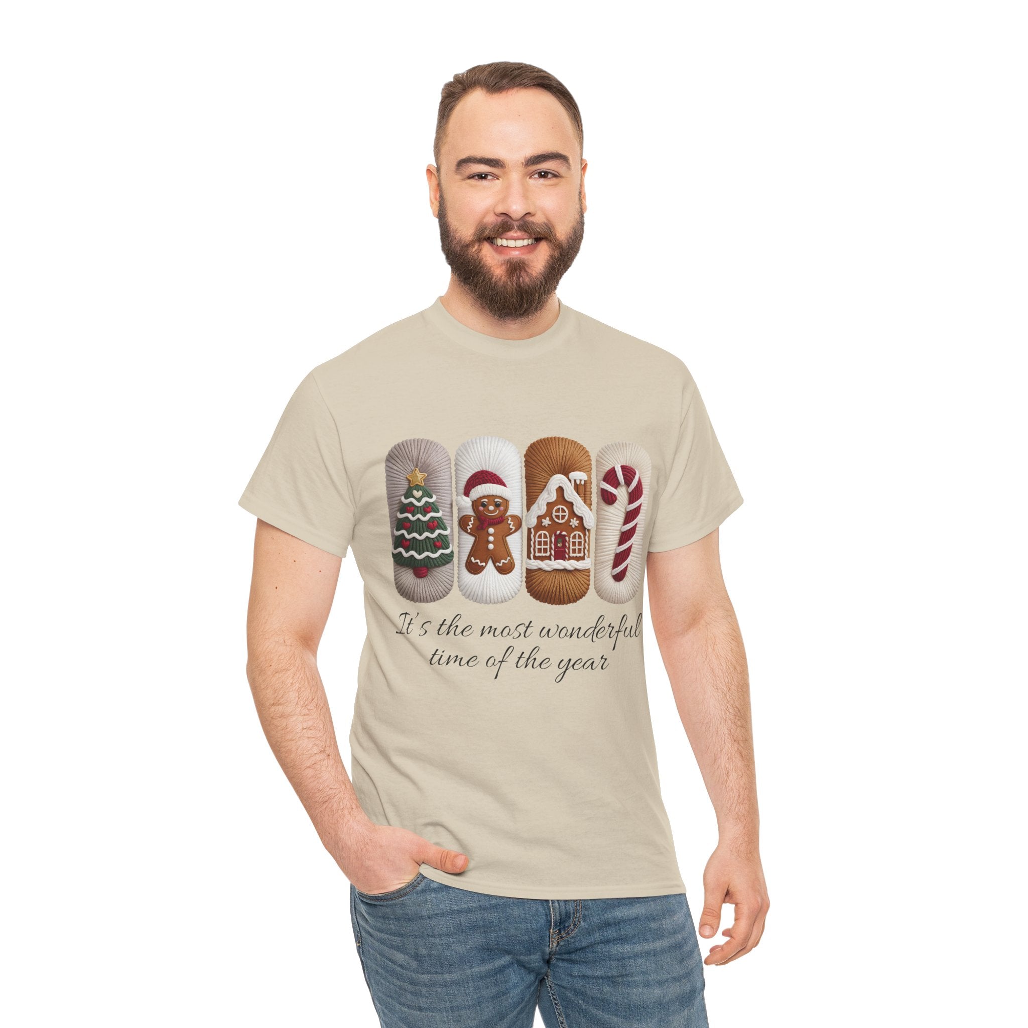 Christmas Faux-Yarn Tree Tee — Gingerbread House & Candy Cane Holiday Unisex Cotton T-Shirt
