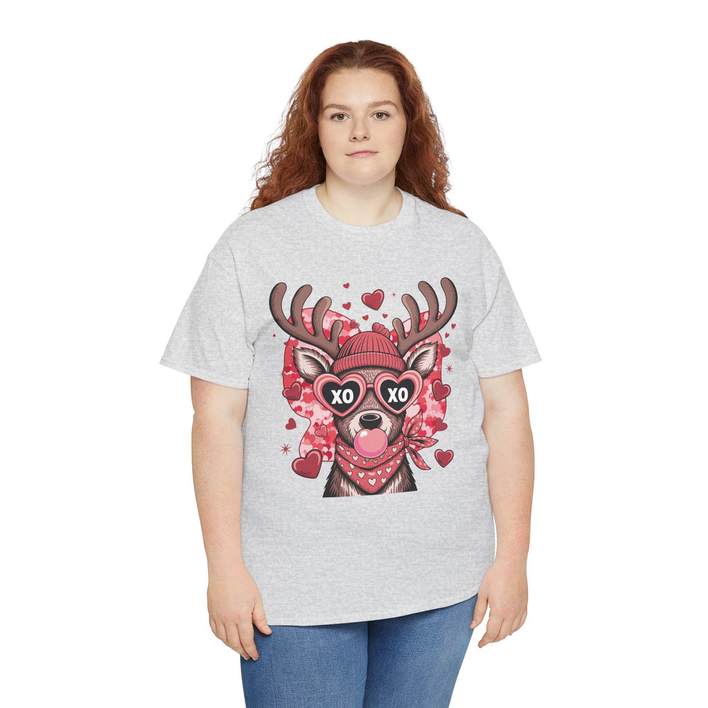 Valentine Deer Tee — Cute XO Heart Glasses, Beanie & Scarf Unisex Cotton Tshirt