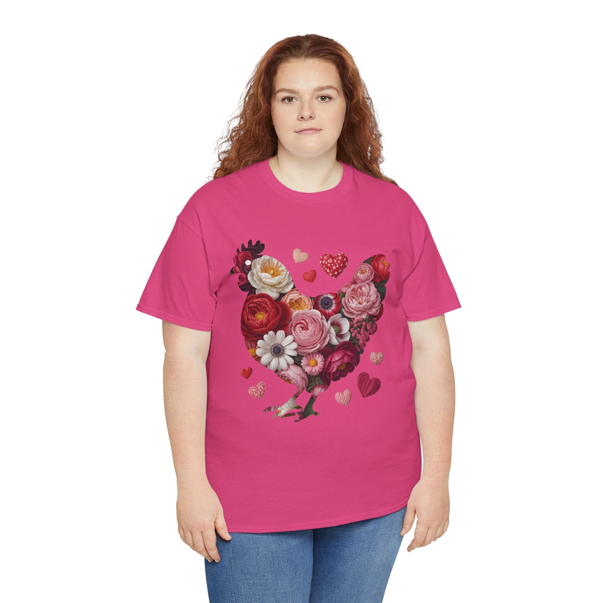 Floral Chicken Heart Tee — Red & Pink Flower Silhouette Unisex Cotton Tee