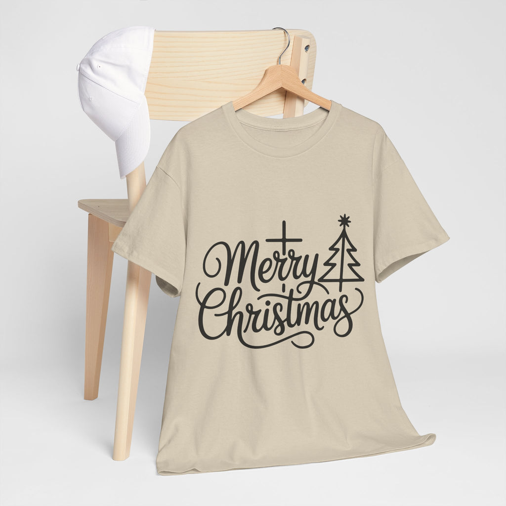 Merry Christmas Script T-Shirt with Cross & Tree(Unisex Cotton Tee)