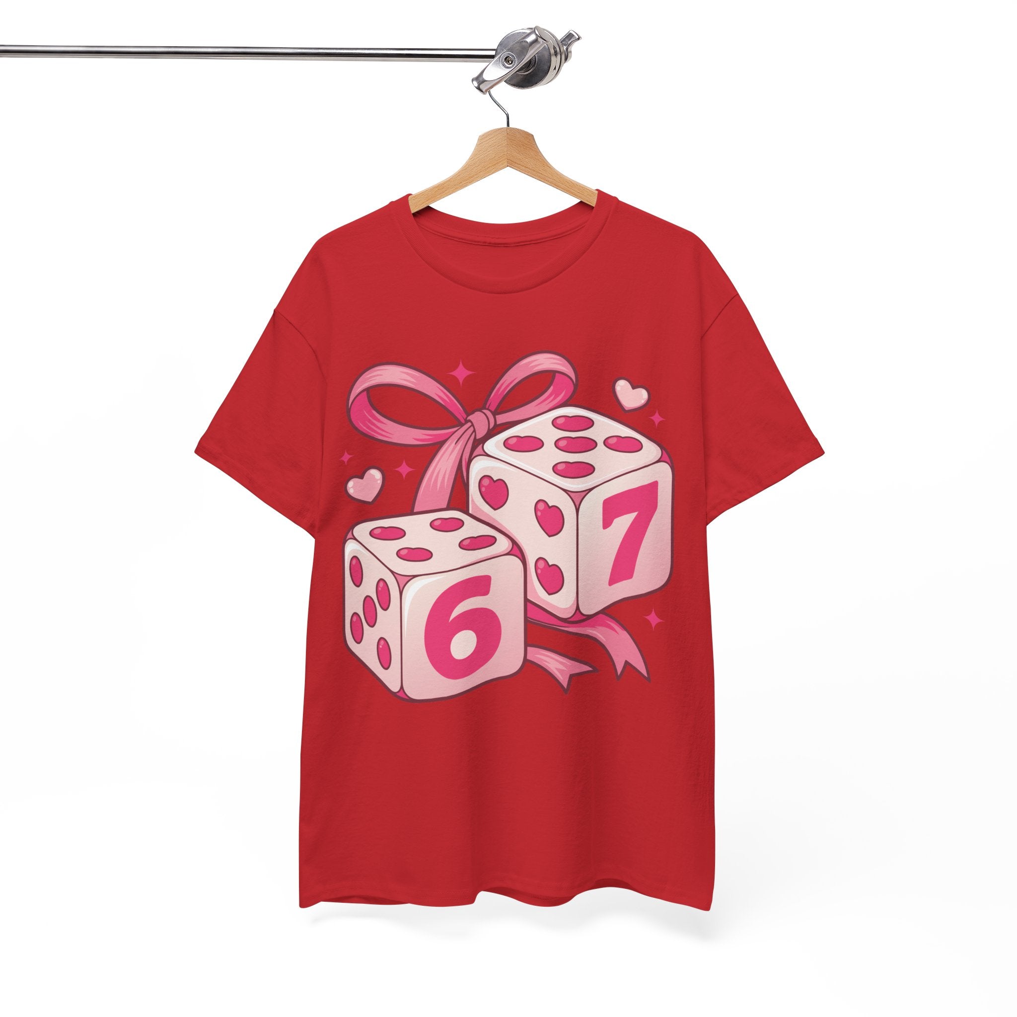 Lucky Love Dice T-Shirt — Pink Heart Dice with Bow..Unisex Cotton Tee