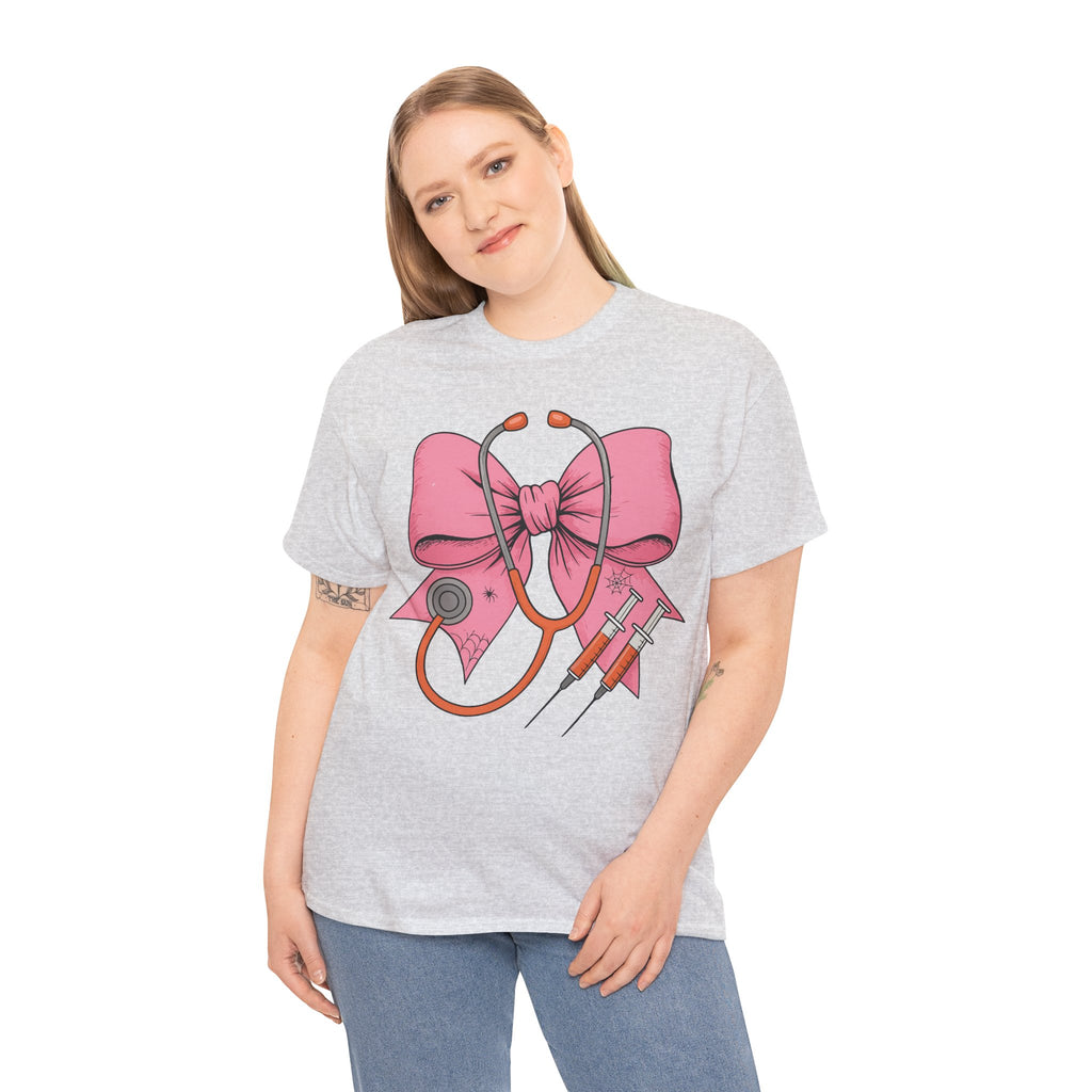 Halloween Nurse T‑Shirt — Pink Nurse Bow with Stethoscope, Syringes & Spider Webs..Unisex Cotton Tee