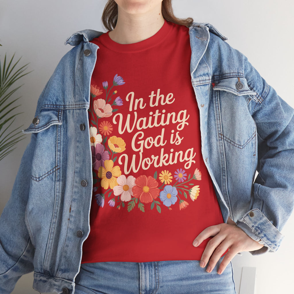 Pastel Floral “In the Waiting God Is Working” Unisex Cotton T-Shirt