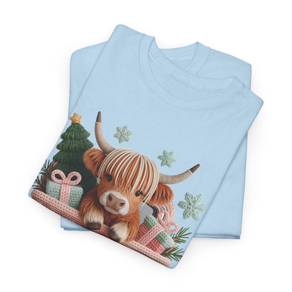 Merry Christmas Highland Cow Knit Truck Unisex Cotton T-Shirt