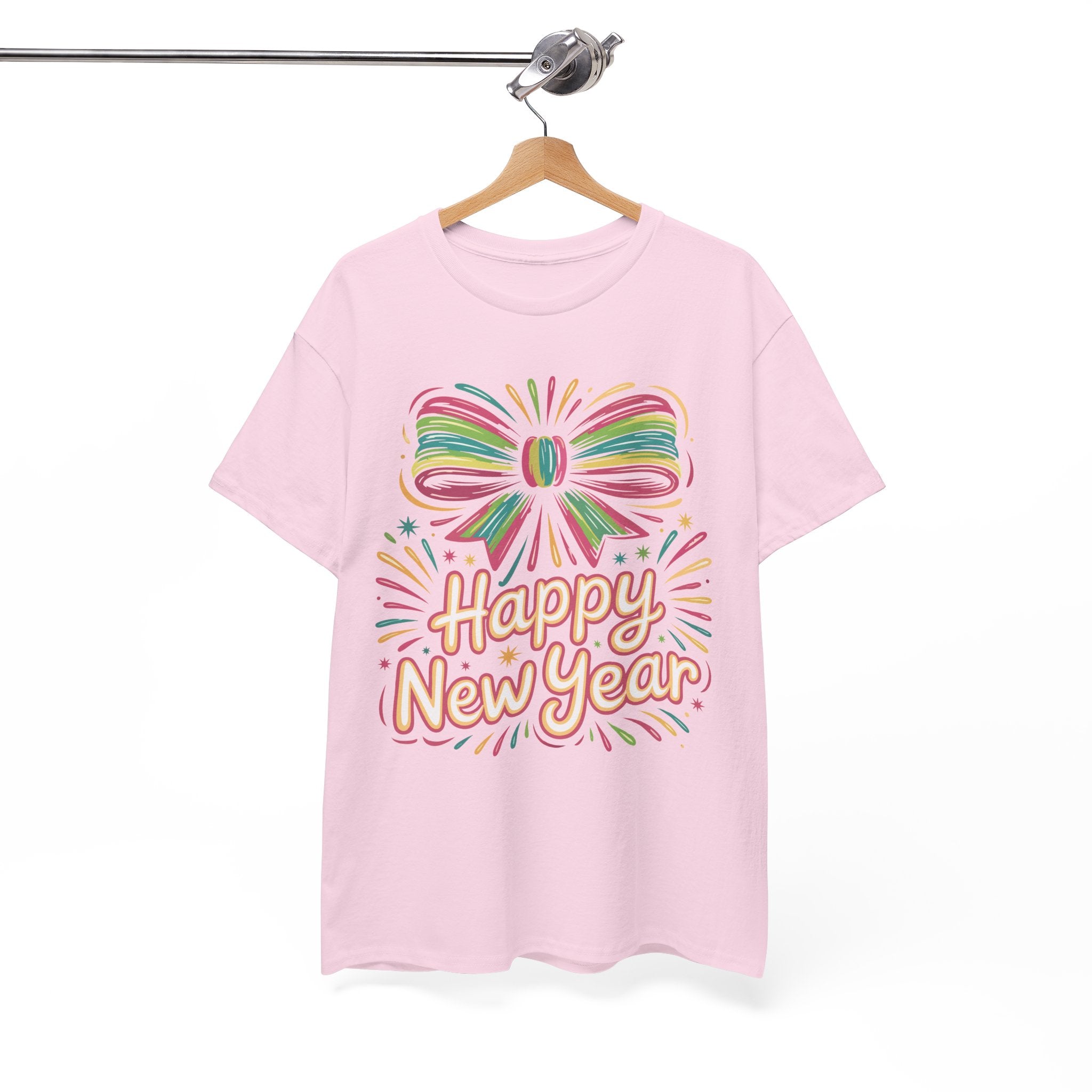 Happy New Year Pastel Tee — Rainbow Bow & Fireworks Celebration Unisex Cotton Tshirt