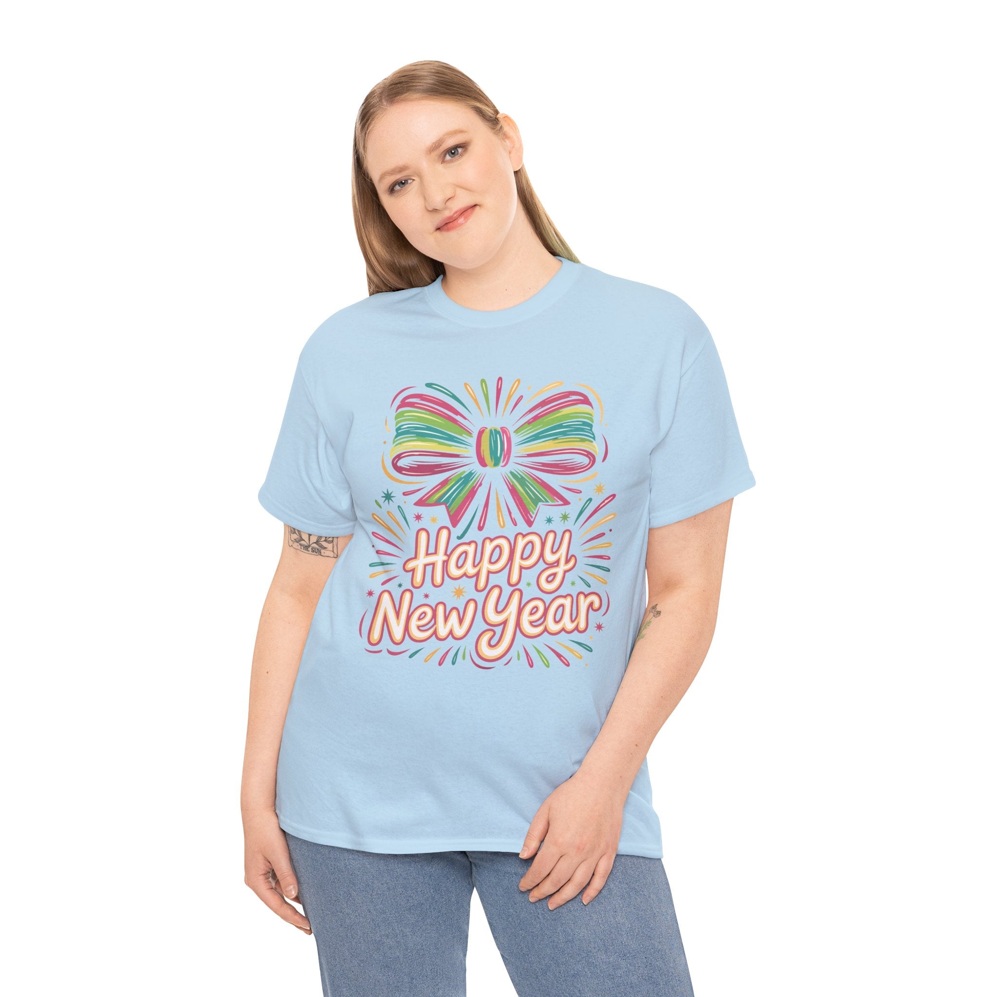Happy New Year Pastel Tee — Rainbow Bow & Fireworks Celebration Unisex Cotton Tshirt