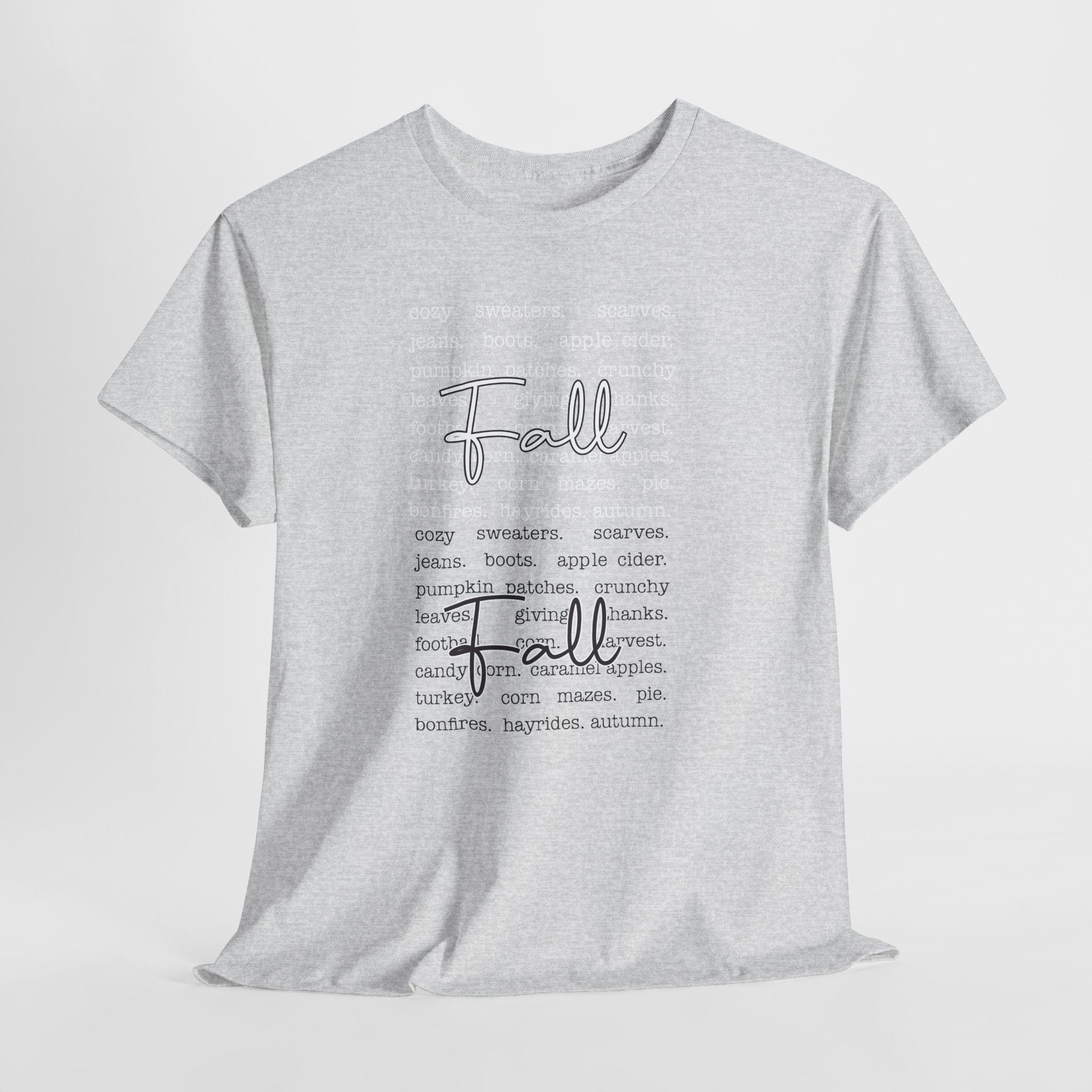 Fall Cursive Typography T-Shirt — Sweaters, Cider & Pumpkins. Unisex Cotton Tee