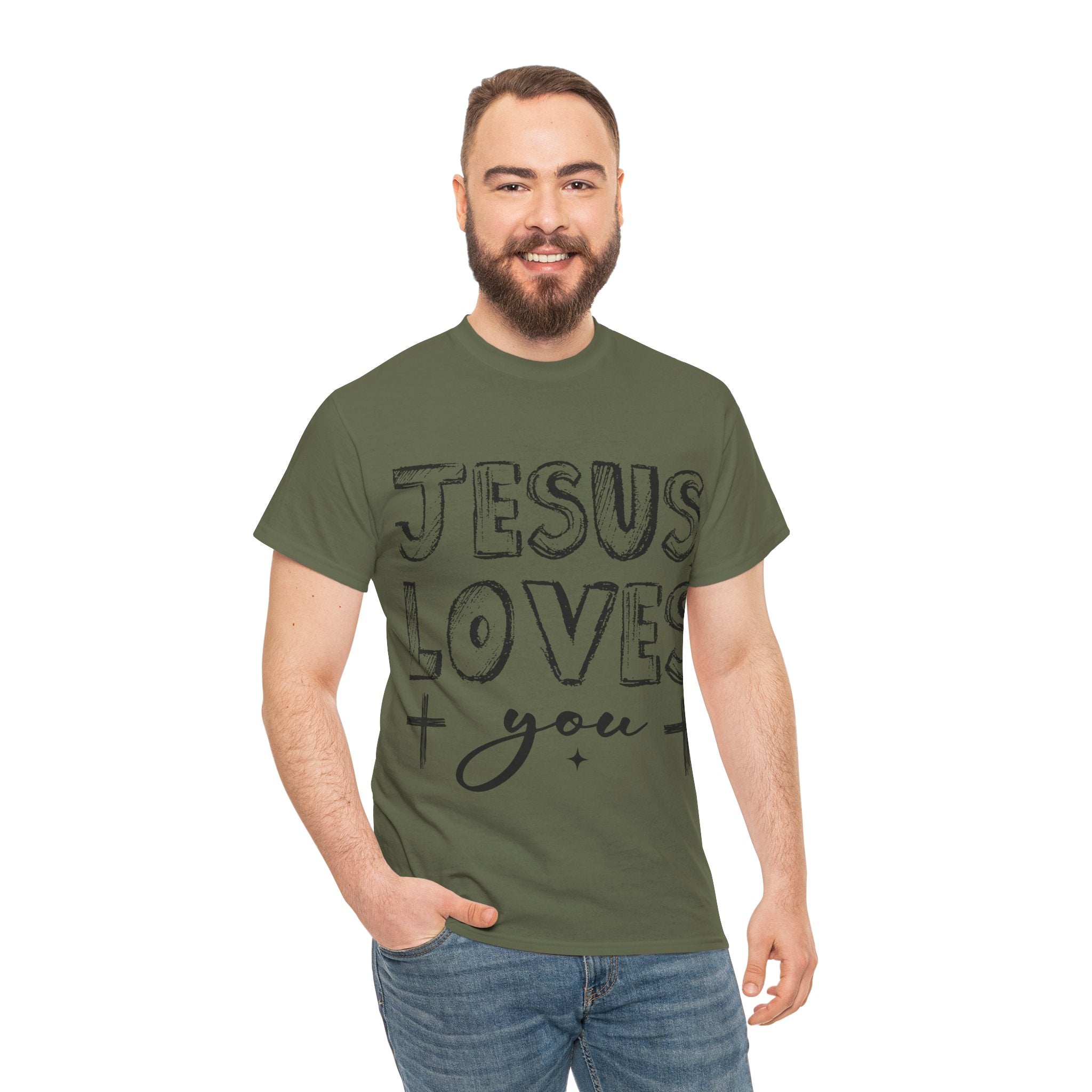 Jesus Loves You Chalk-Style Tee — Crosses & Stars Christian UNisex Cotton T-Shirt