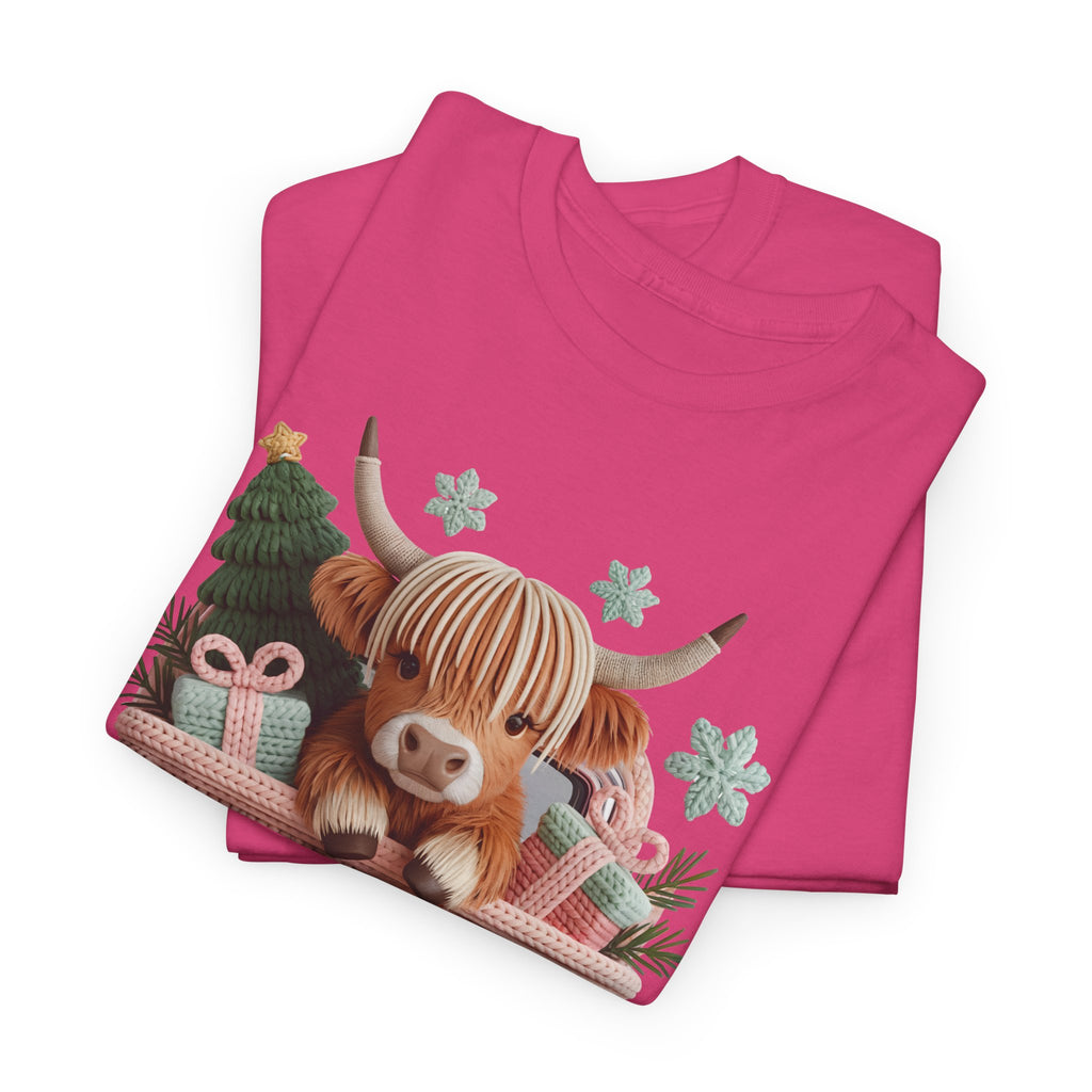 Merry Christmas Highland Cow Knit Truck Unisex Cotton T-Shirt