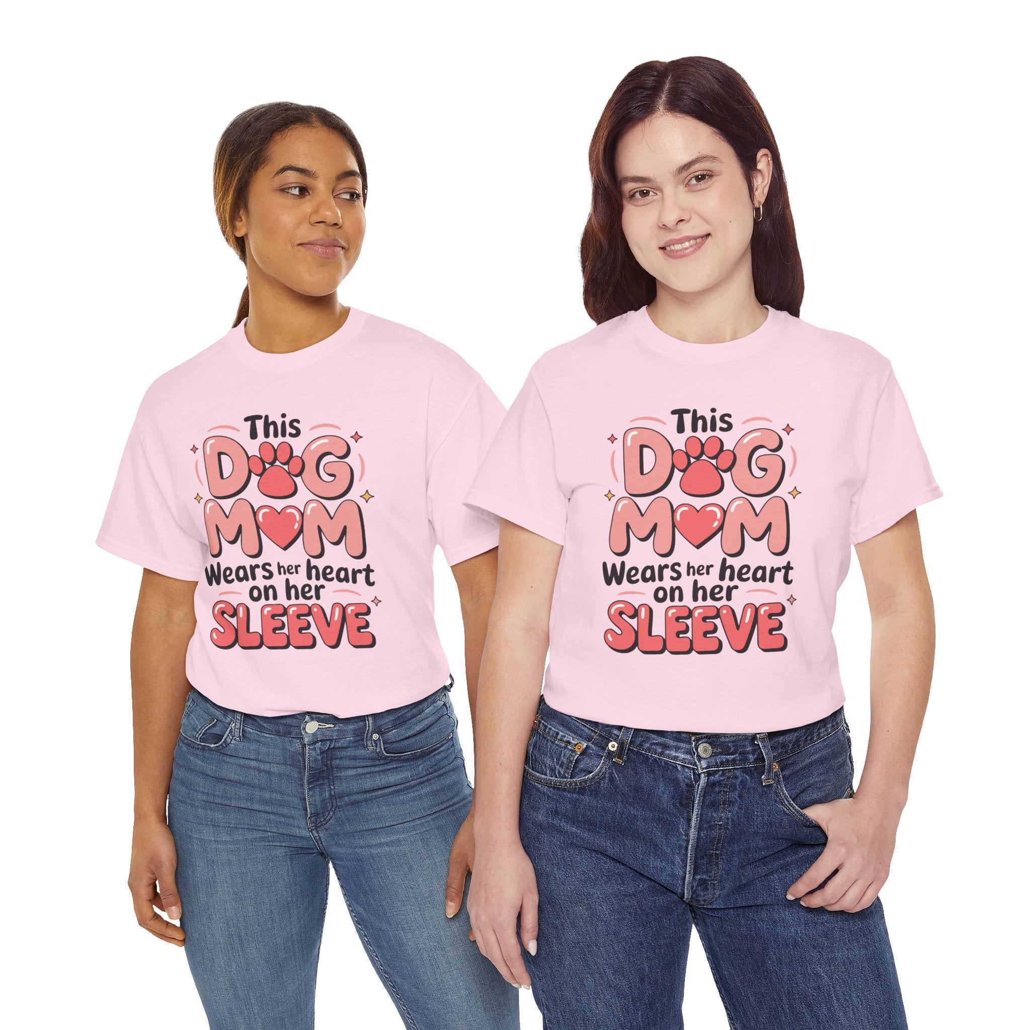 Dog Mom T-Shirt — "This Dog Mom Wears Her Heart on Her Sleeve" Paw & Heart Unisex Cotton Tee