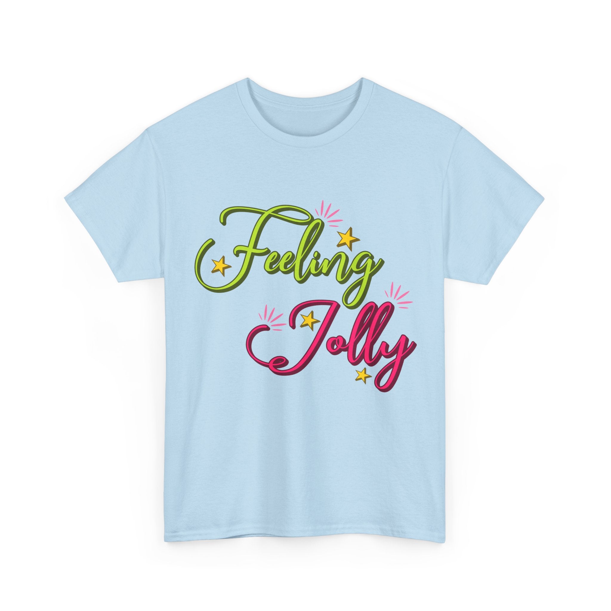 Feeling Jolly Tee — Festive Green & Pink Script with Yellow Stars Unisex Cotton Tee