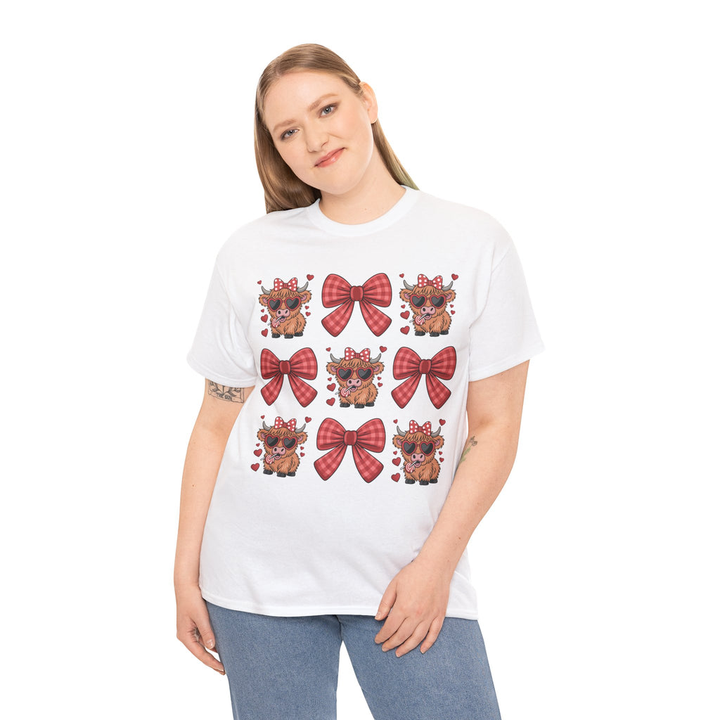 Valentine Cow Checkered Tee — Fluffy Cows with Heart Sunglasses & Red Bows..Unisex Cotton Tee