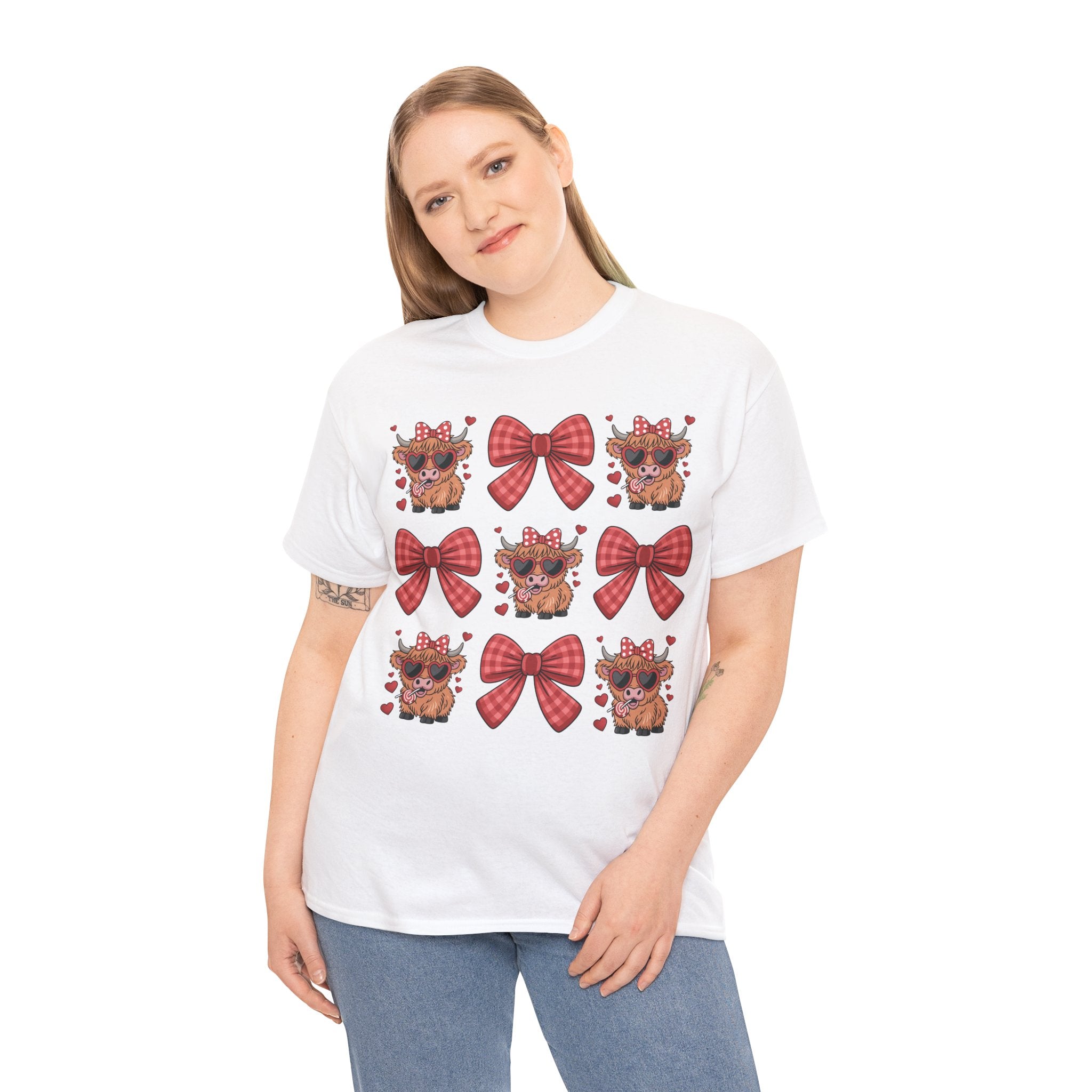 Valentine Cow Checkered Tee — Fluffy Cows with Heart Sunglasses & Red Bows..Unisex Cotton Tee