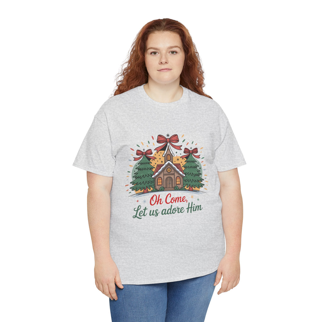 Oh Come Let Us Adore Him Christmas Tee — Church & Trees Holiday Unisex Cotton Tshirt