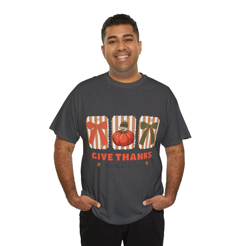 Give Thanks Thanksgiving T-Shirt — Pumpkin with Hat & Bows Unisex Cotton Tee