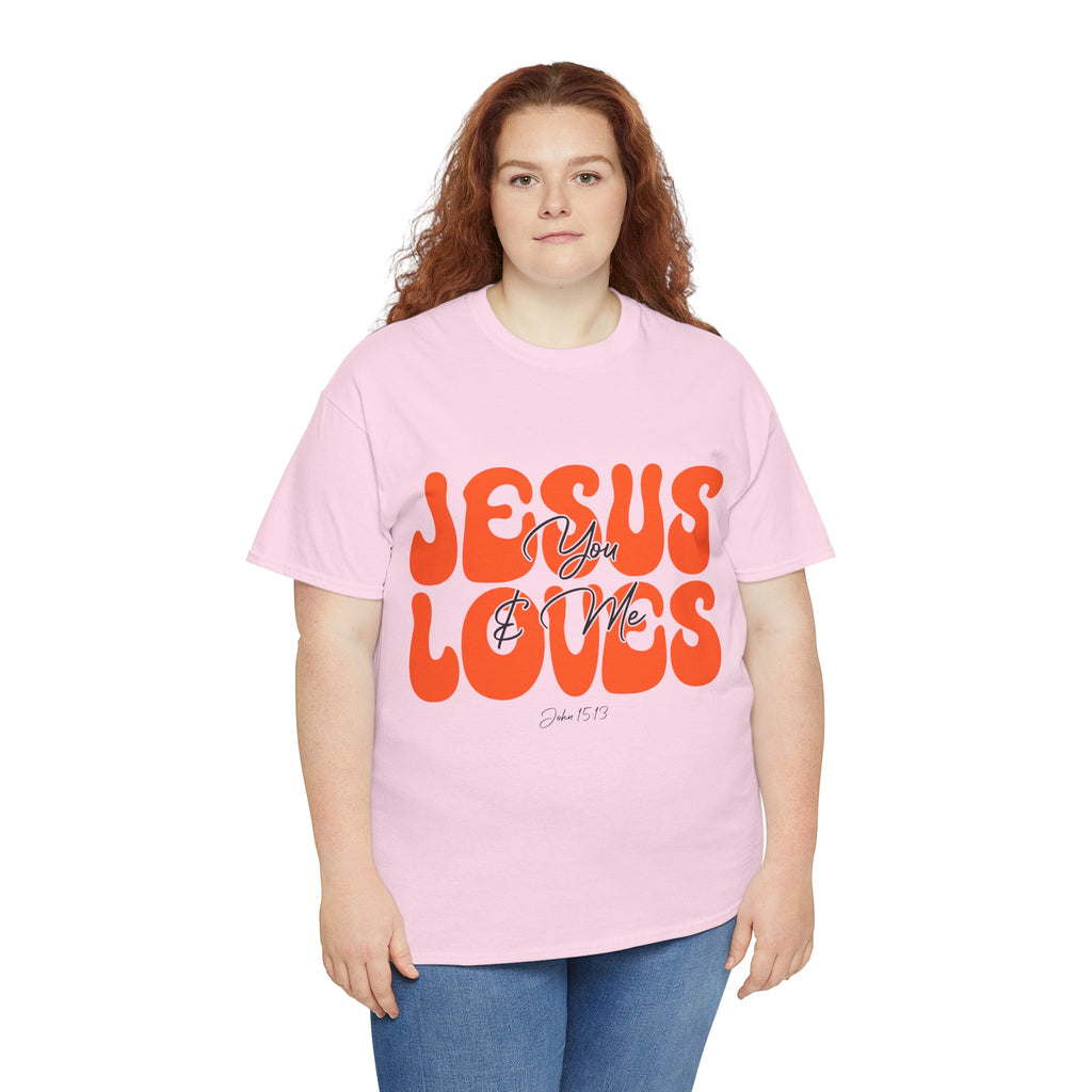 Jesus Loves You & Me Retro Tee — Playful Orange Bubbly Christian Unisex Cotton T-Shirt
