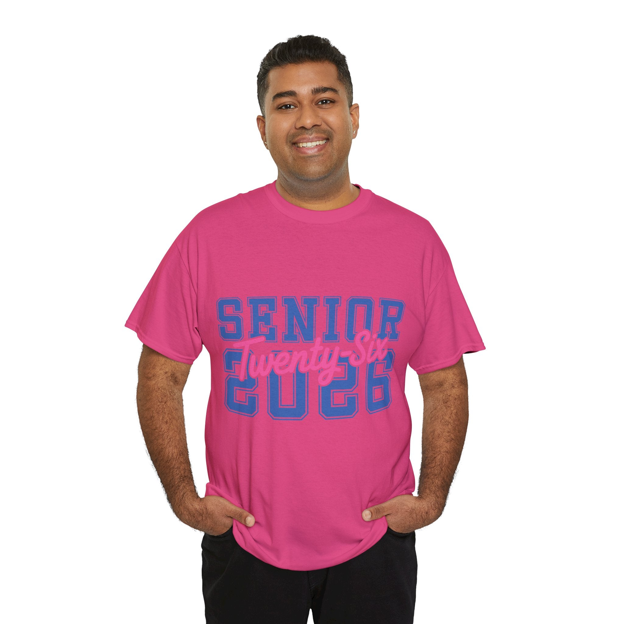 Senior 2026 Tee — Pink Varsity Block with Blue Script Overlay Unisex Cotton Tee