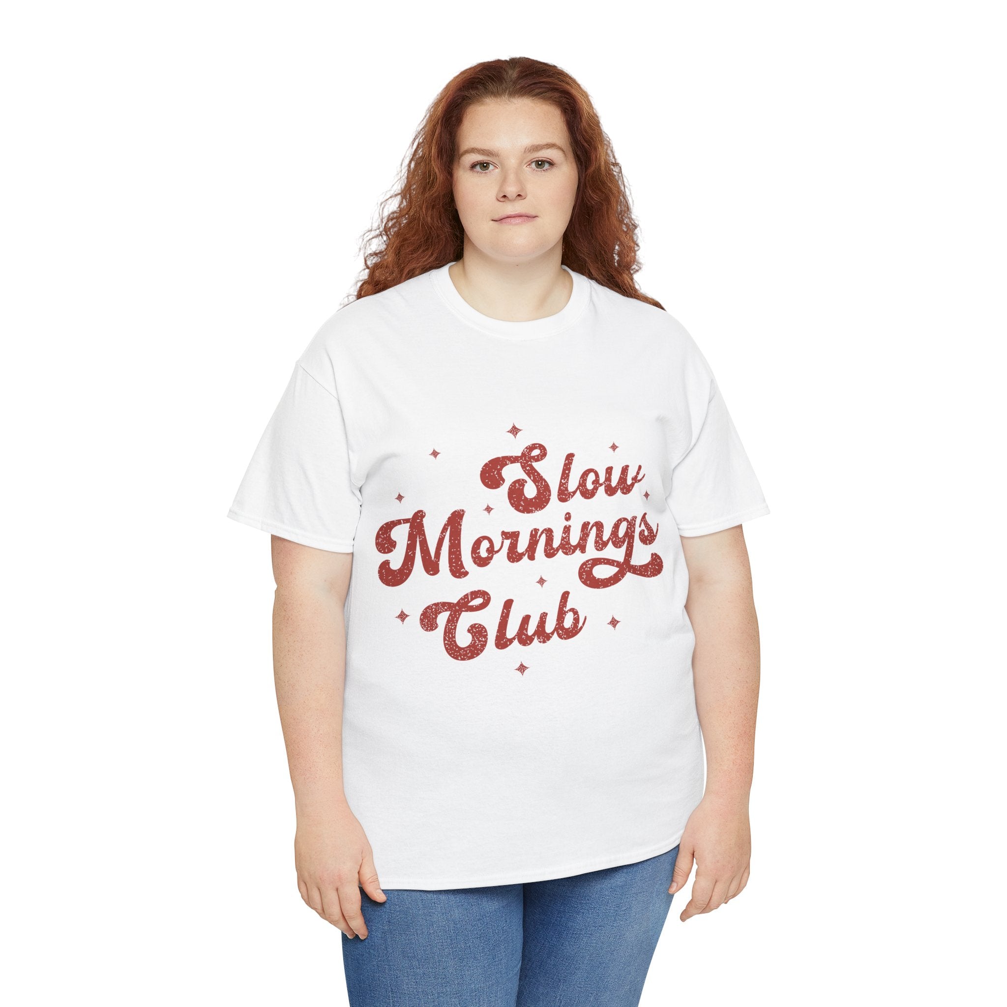 Slow Mornings Club T-Shirt — Retro Red Sparkle Unisex Cotton Tee