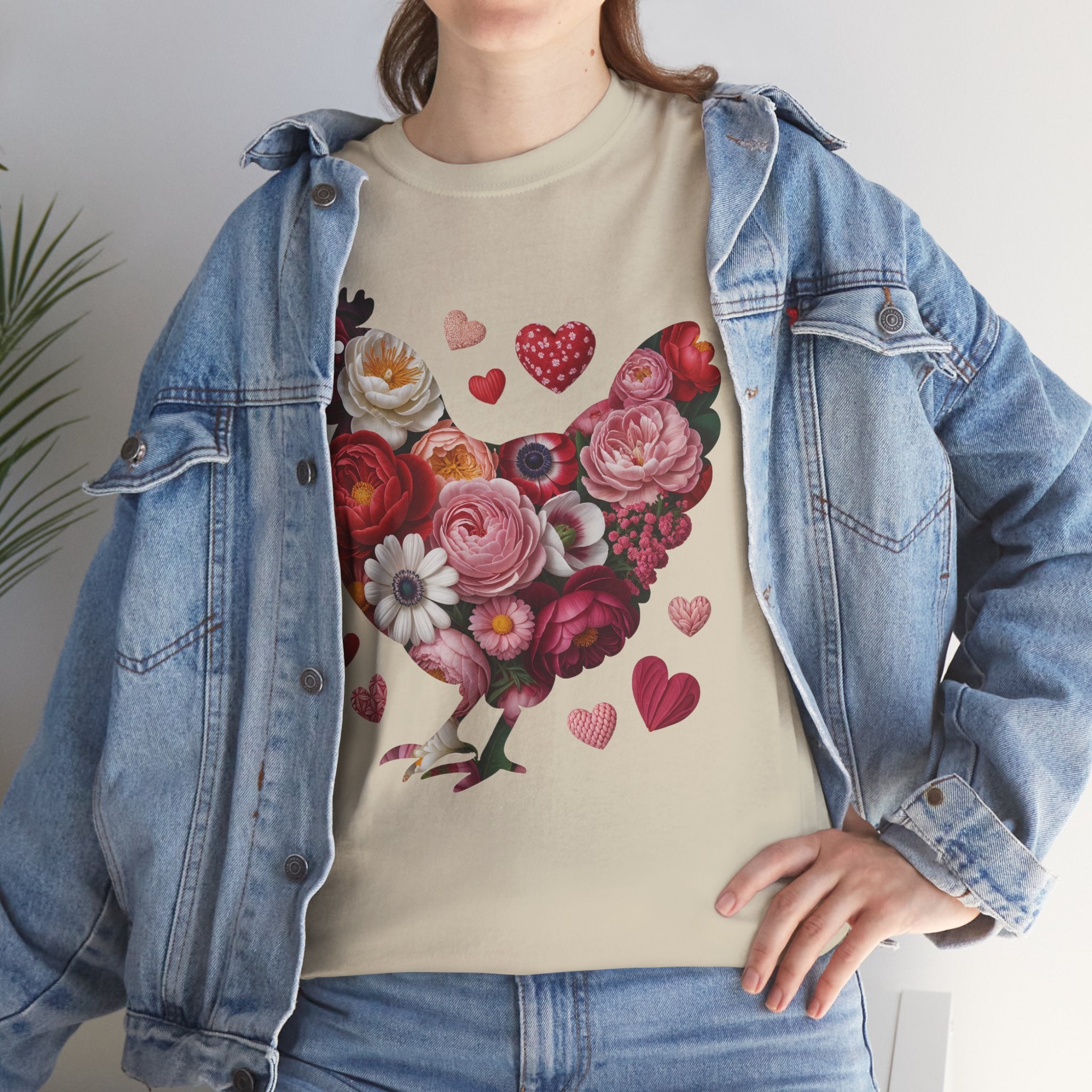 Floral Chicken Heart Tee — Red & Pink Flower Silhouette Unisex Cotton Tee