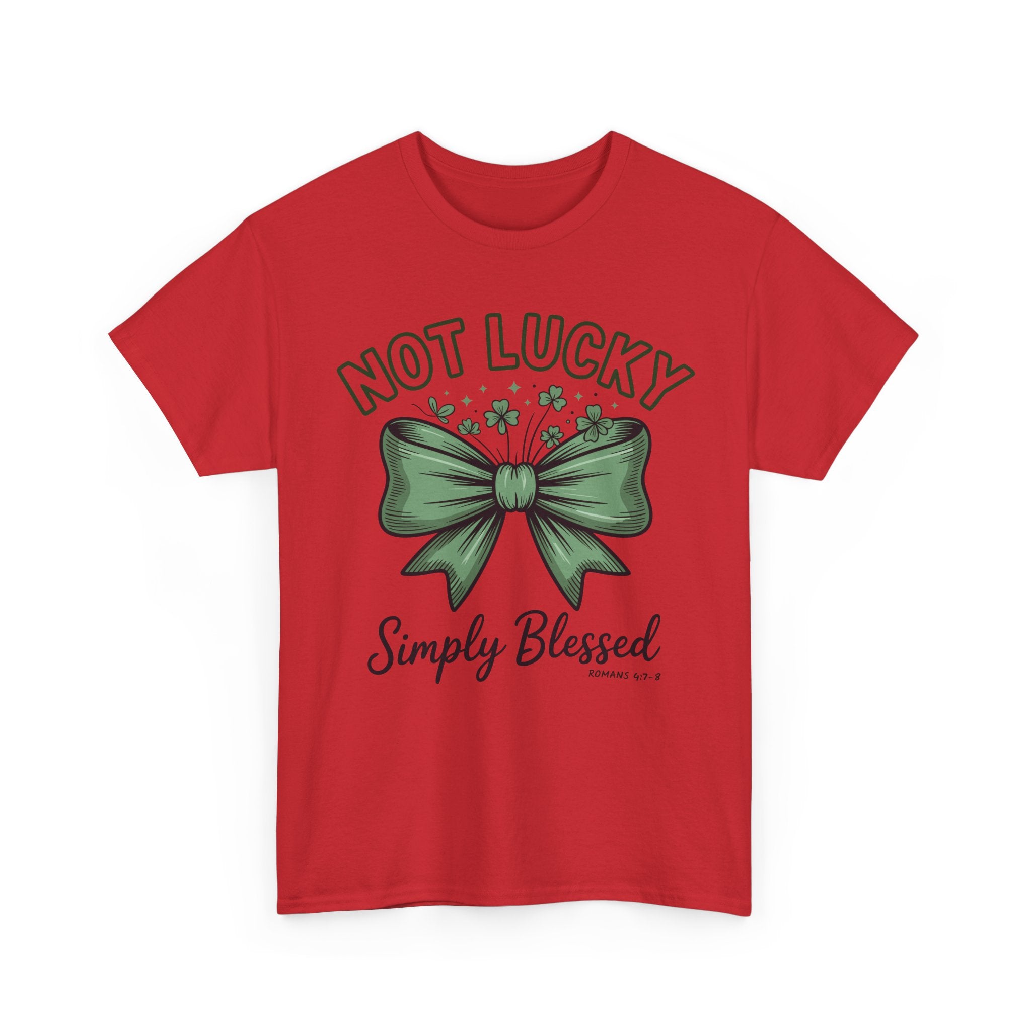 Not Lucky, Simply Blessed T-Shirt — Green Bow & Clovers St. Patrick’s Unisex Cotton Tee