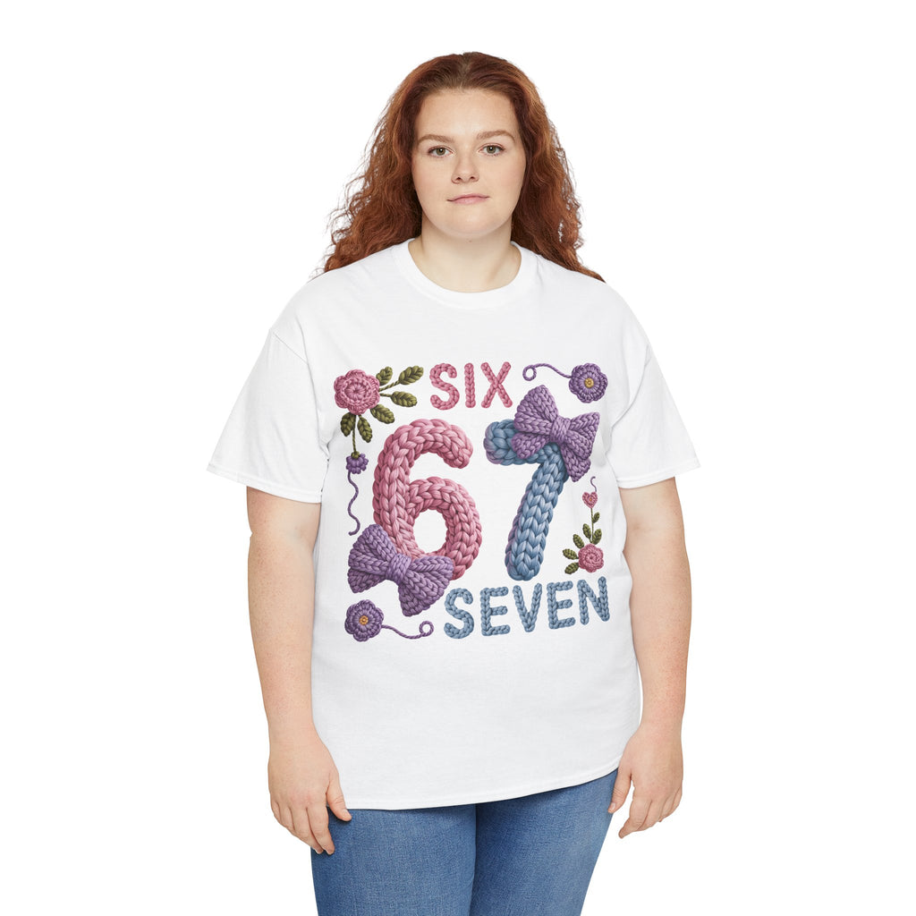 Pastel Crochet Numbers 6 & 7 Tee — Faux-Yarn Bows & Flowers. Unisex Cotton Tee
