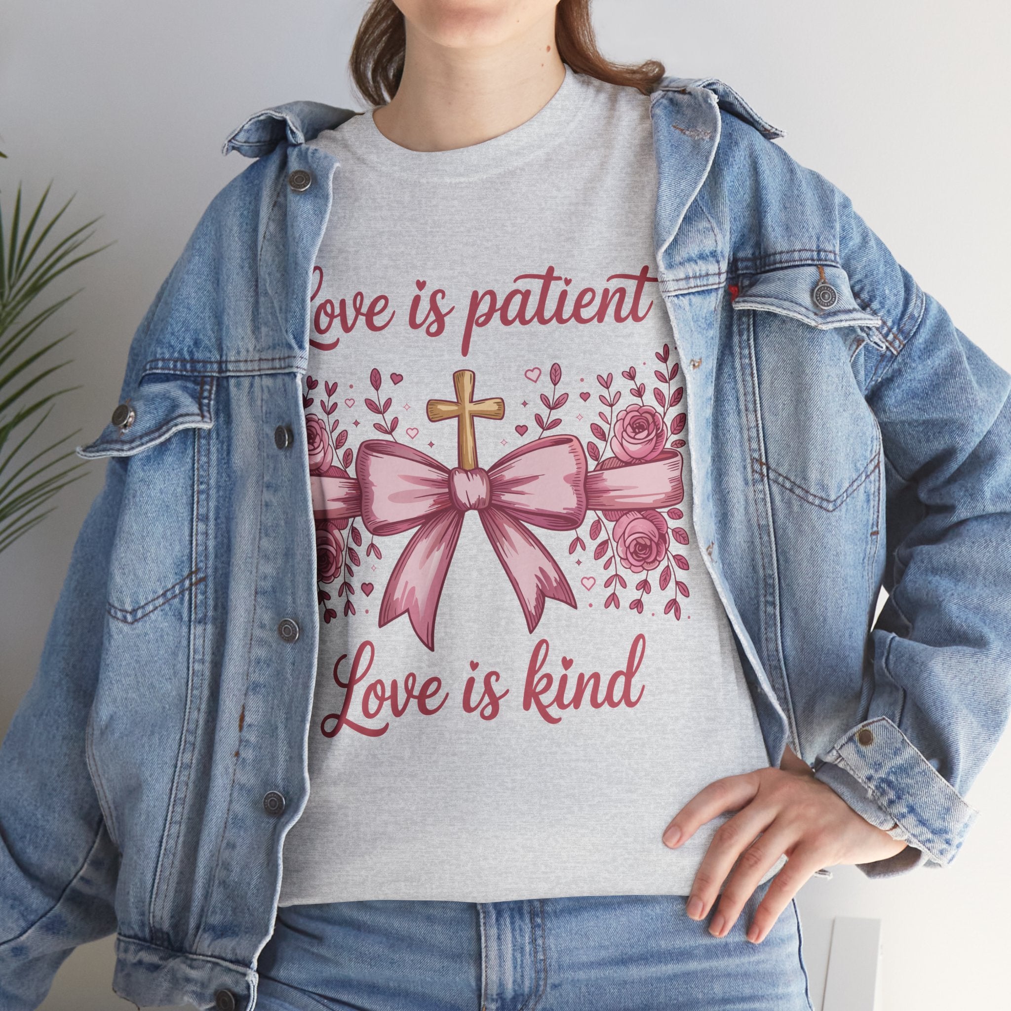 Christian Floral Tee — "Love is Patient, Love is Kind" Pink Rose Cross. Unisex Cotton Tee