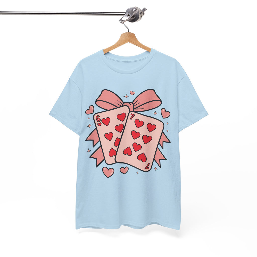 6 & 7 of Hearts T-Shirt — Paired Playing Cards with Pink Bow Unisex Cotton Tee