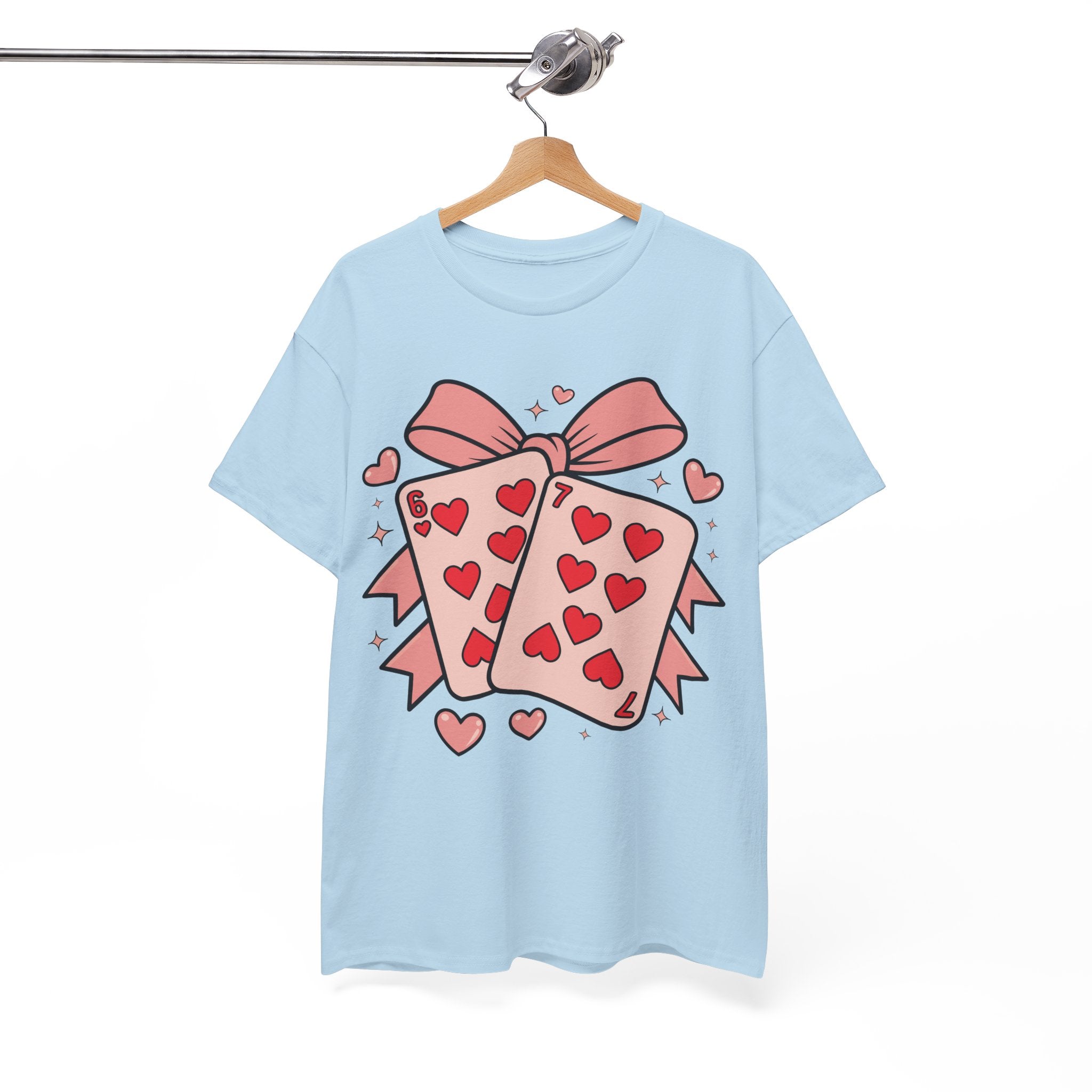6 & 7 of Hearts T-Shirt — Paired Playing Cards with Pink Bow Unisex Cotton Tee