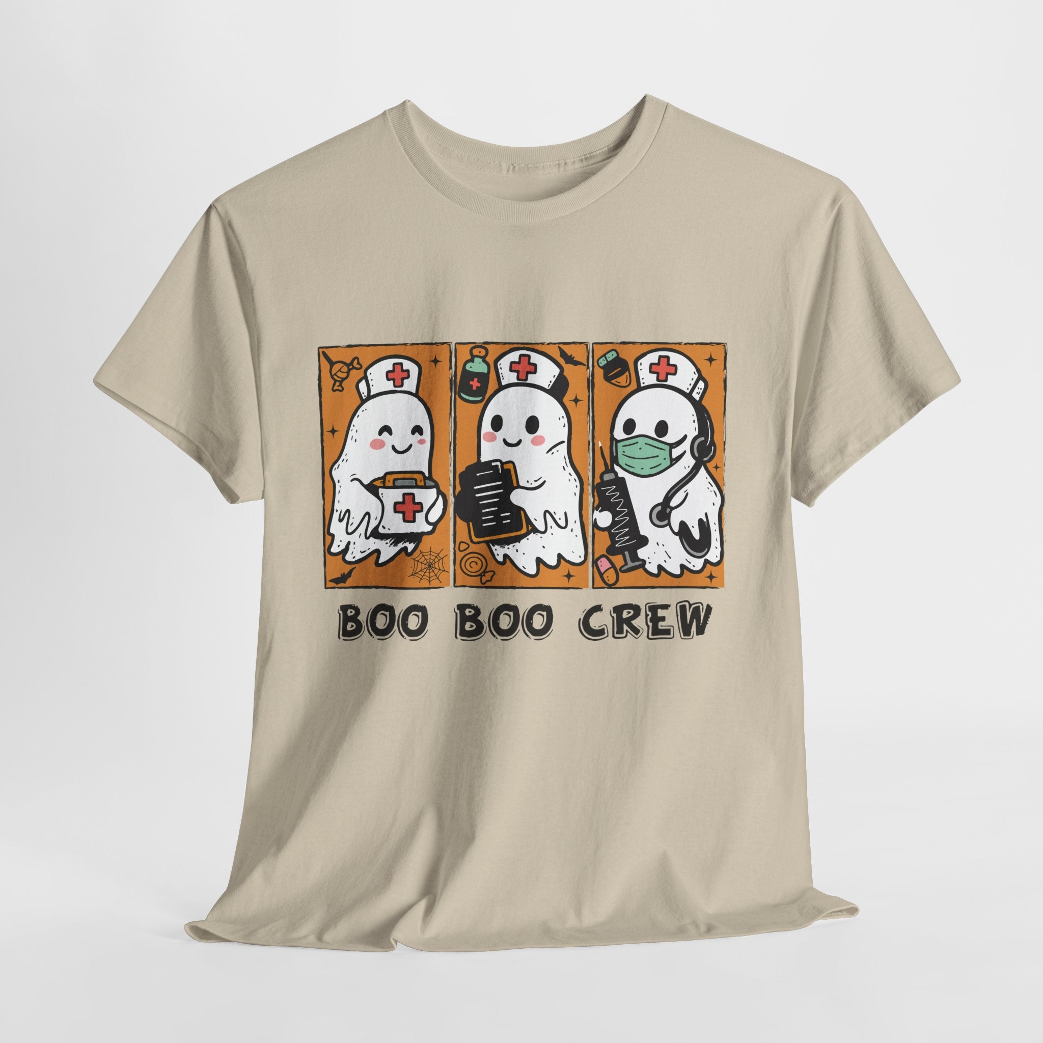 Halloween Nurse T-Shirt — Ghost Nurses Holding Medical Tools on Orange Unisec Cotton Tee