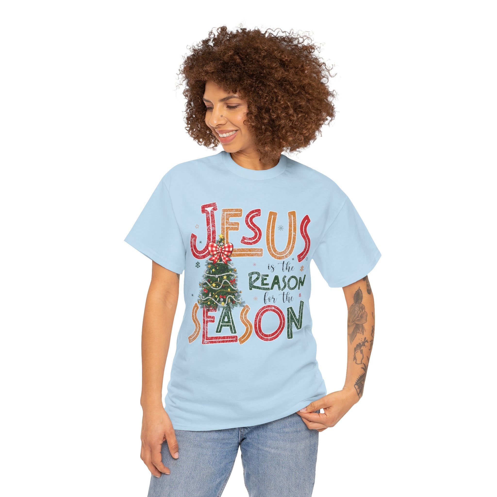 Jesus Is the Reason for the Season Christmas T-Shirt — Plaid Bow Tree..Unisex Cotton Tee