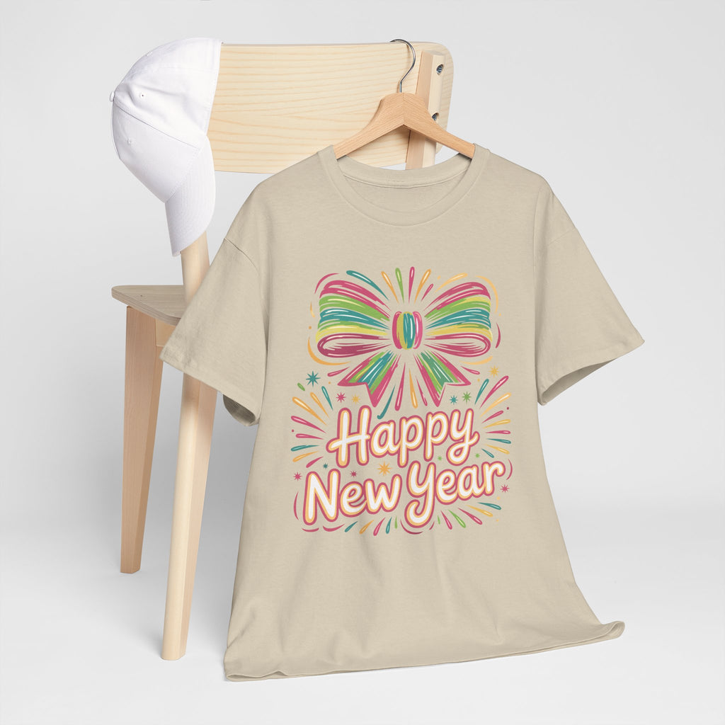 Happy New Year Pastel Tee — Rainbow Bow & Fireworks Celebration Unisex Cotton Tshirt