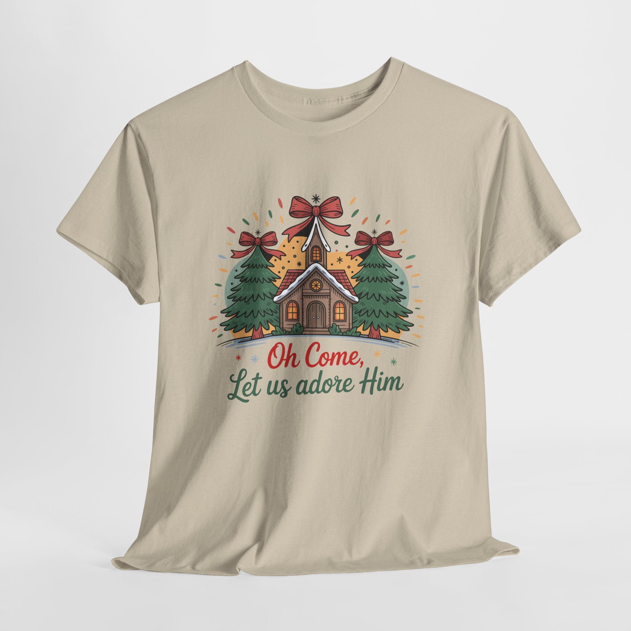 Oh Come Let Us Adore Him Christmas Tee — Church & Trees Holiday Unisex Cotton Tshirt