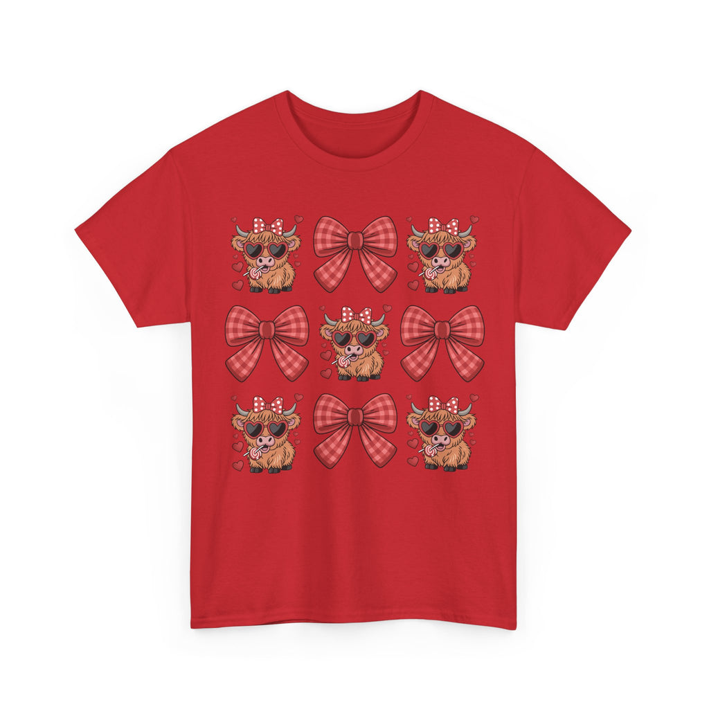 Valentine Cow Checkered Tee — Fluffy Cows with Heart Sunglasses & Red Bows..Unisex Cotton Tee