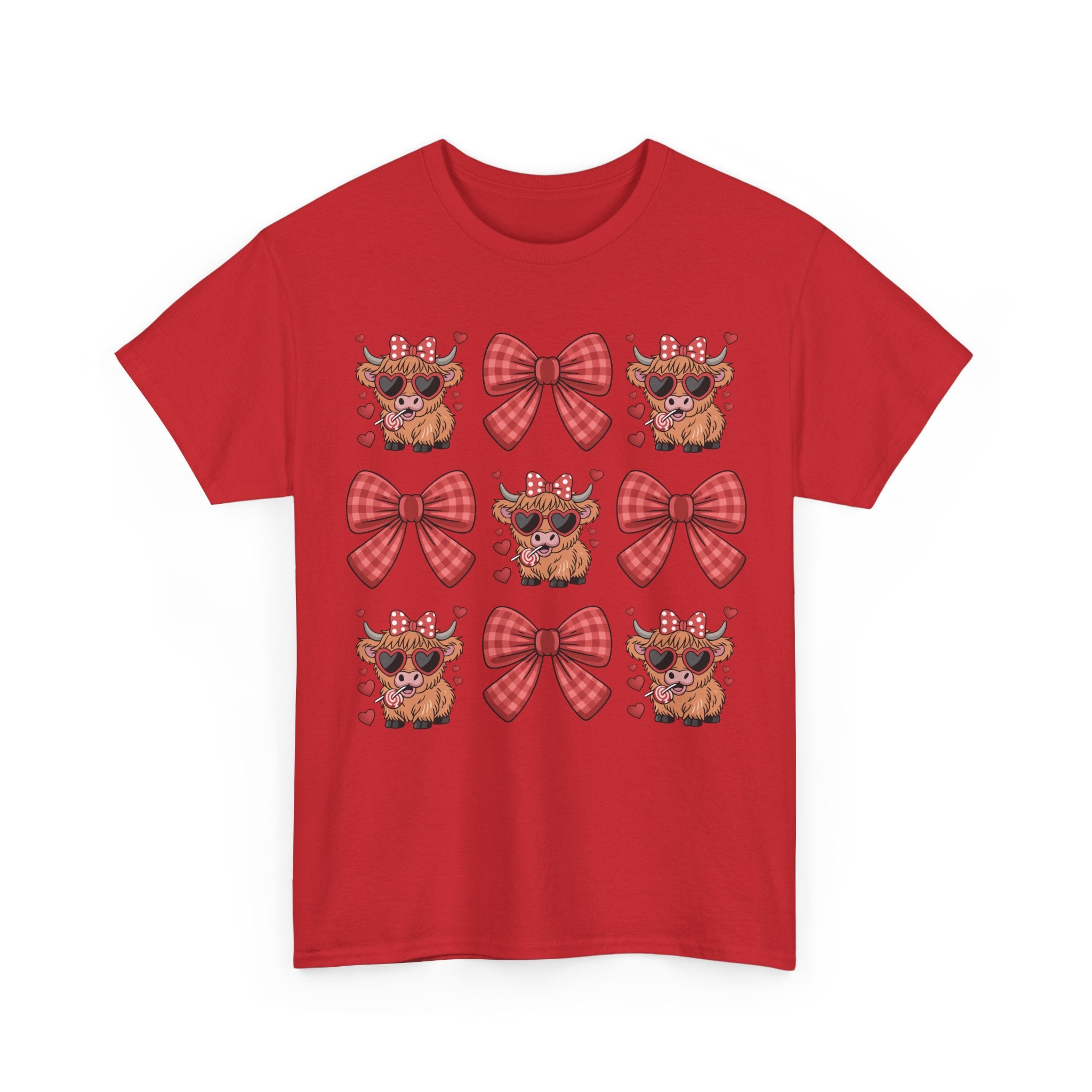 Valentine Cow Checkered Tee — Fluffy Cows with Heart Sunglasses & Red Bows..Unisex Cotton Tee