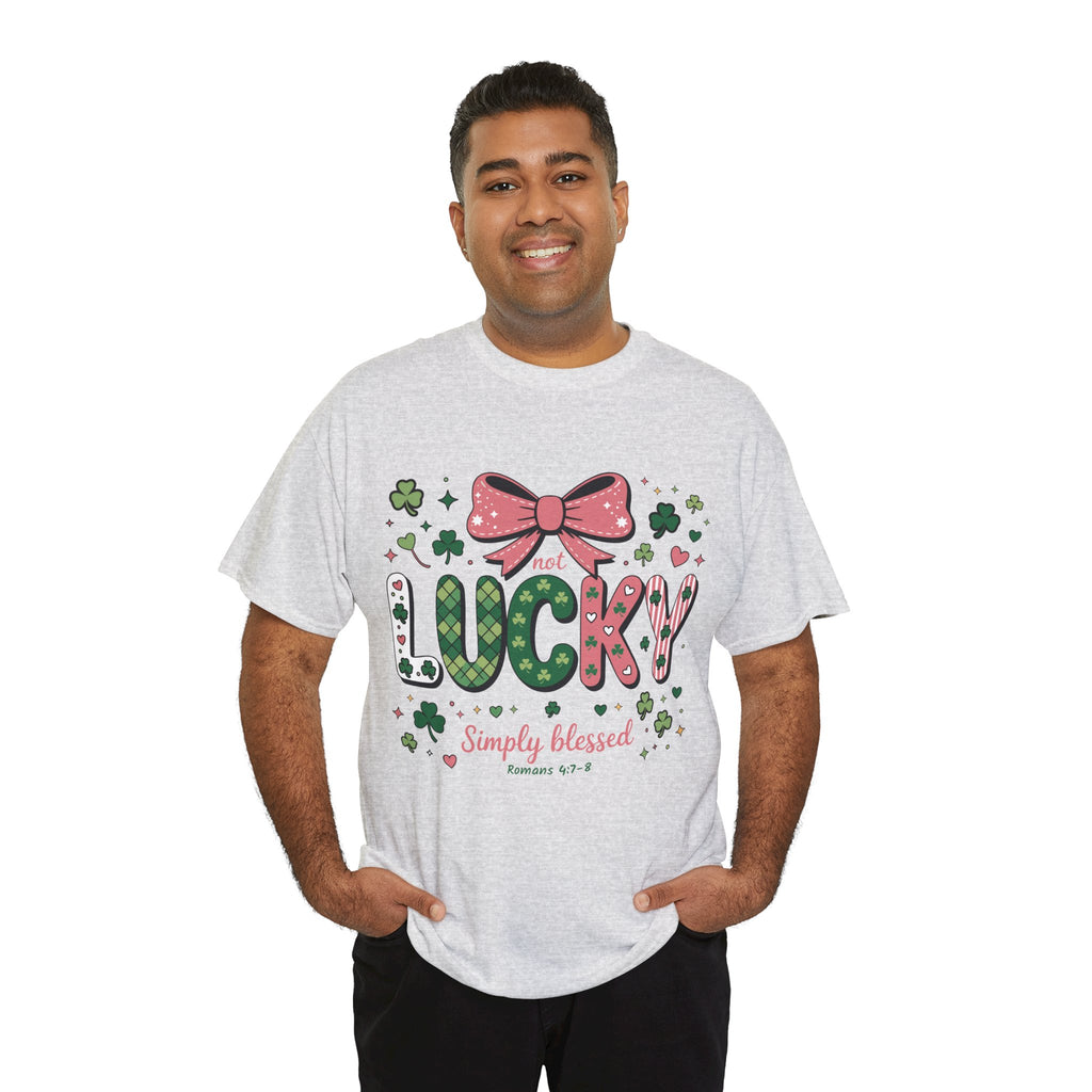 Simply Blessed Tee — “Not Lucky, Simply Blessed” with Pastel Bow, Clovers & Romans 4:7-8 Unisex Cotton Tee