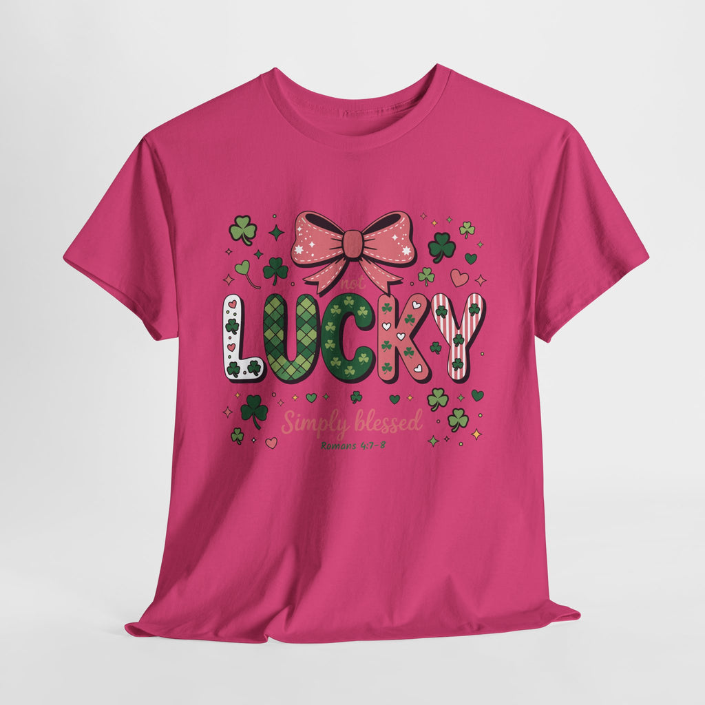Simply Blessed Tee — “Not Lucky, Simply Blessed” with Pastel Bow, Clovers & Romans 4:7-8 Unisex Cotton Tee