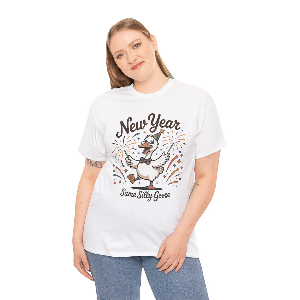 Happy Goose New Year T-Shirt — Party Hat, Fireworks & Confetti Unisex Cotton Tee