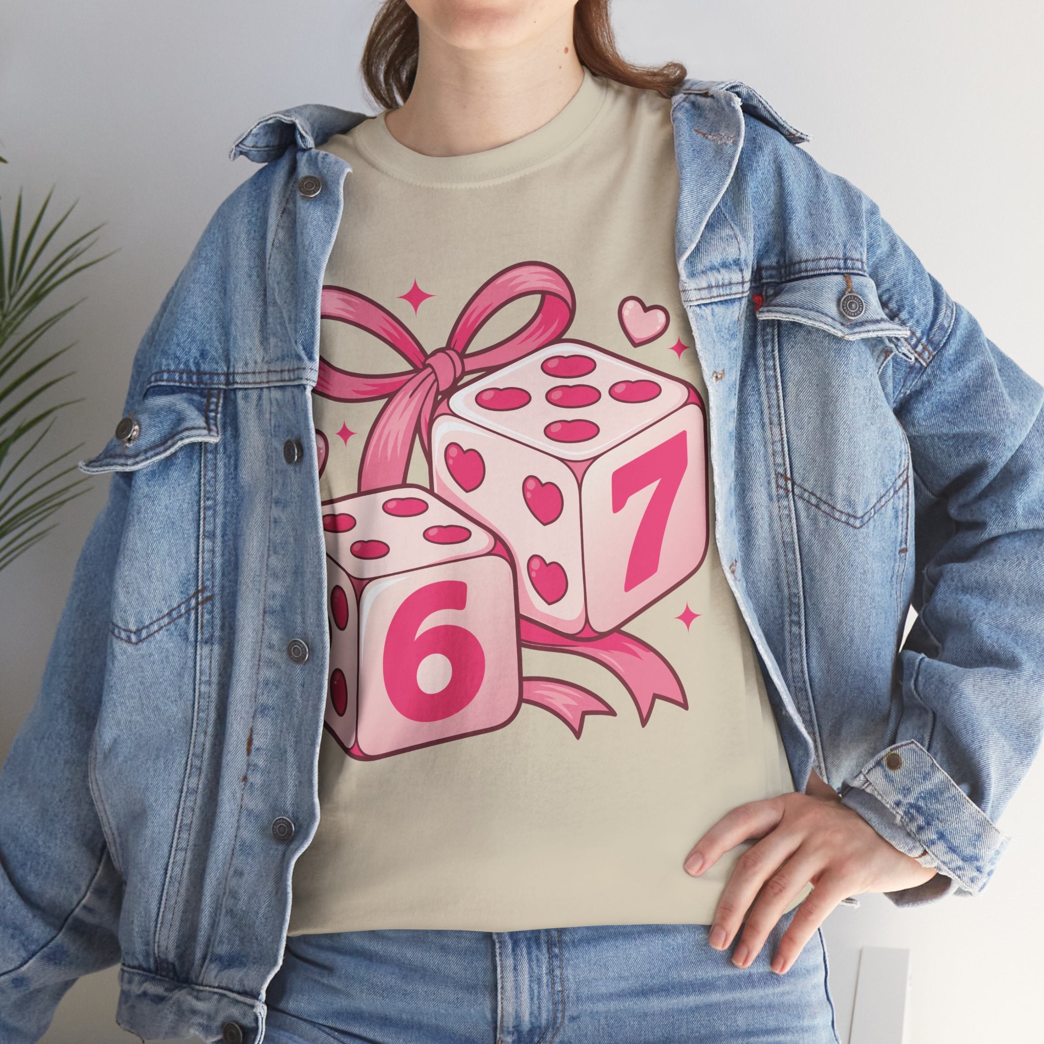 Lucky Love Dice T-Shirt — Pink Heart Dice with Bow..Unisex Cotton Tee
