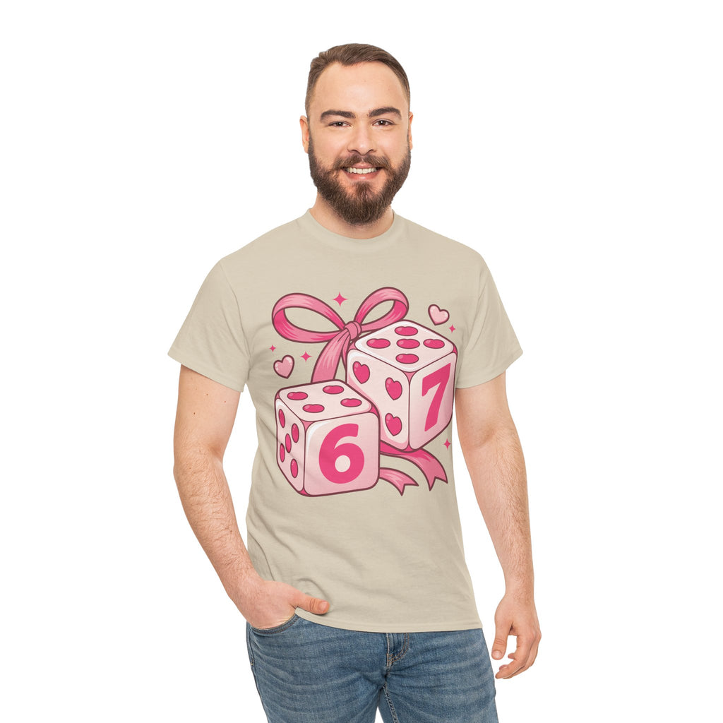 Lucky Love Dice T-Shirt — Pink Heart Dice with Bow..Unisex Cotton Tee