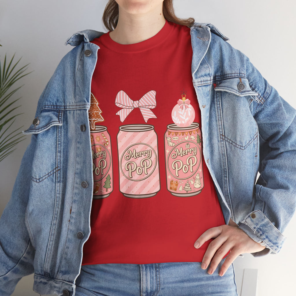 Merry Pop Christmas Soda Can Tee — Pastel Holiday Graphic Unisex Cotton T-Shirt